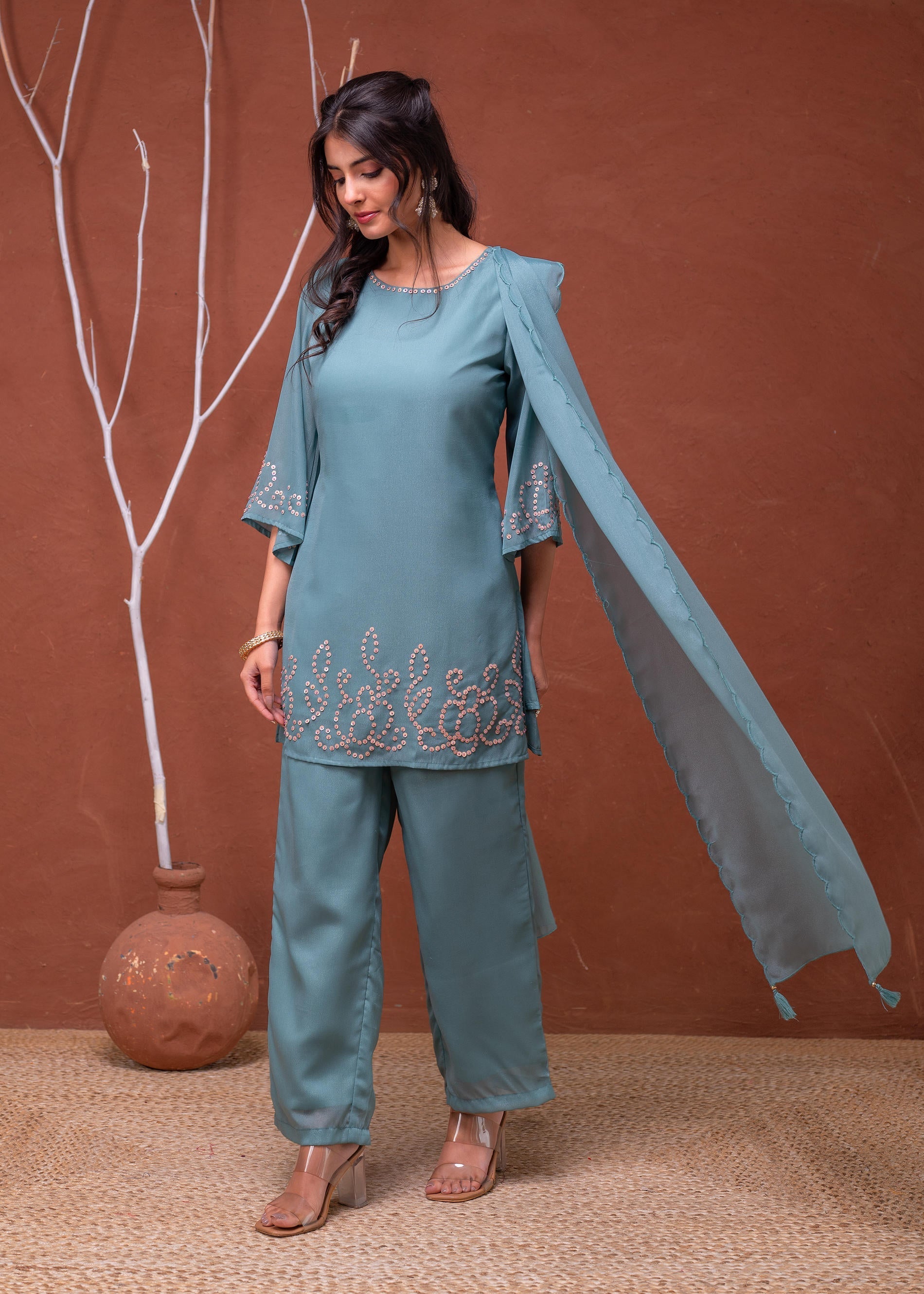 Mintgreen Embellished Kurta Pant Dupatta with Beads and Sequence Work 