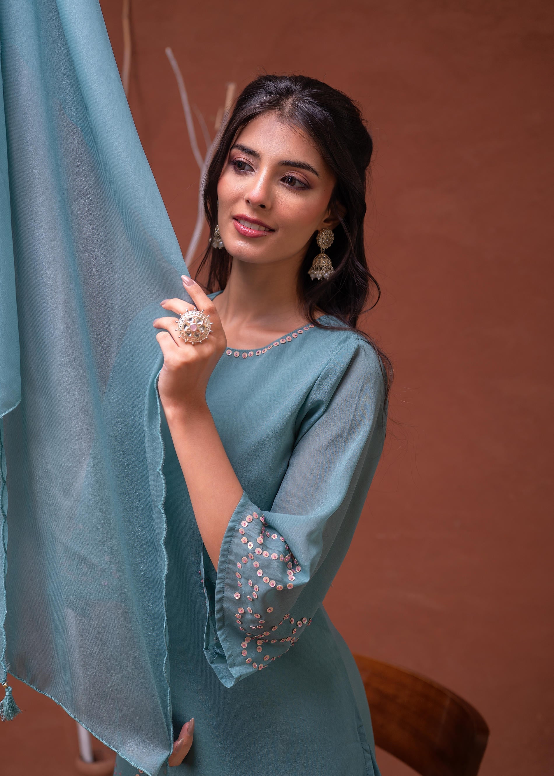 Mintgreen Embellished Kurta Pant Dupatta with Beads and Sequence Work 