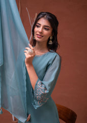 Mintgreen Embellished Kurta Pant Dupatta with Beads and Sequence Work