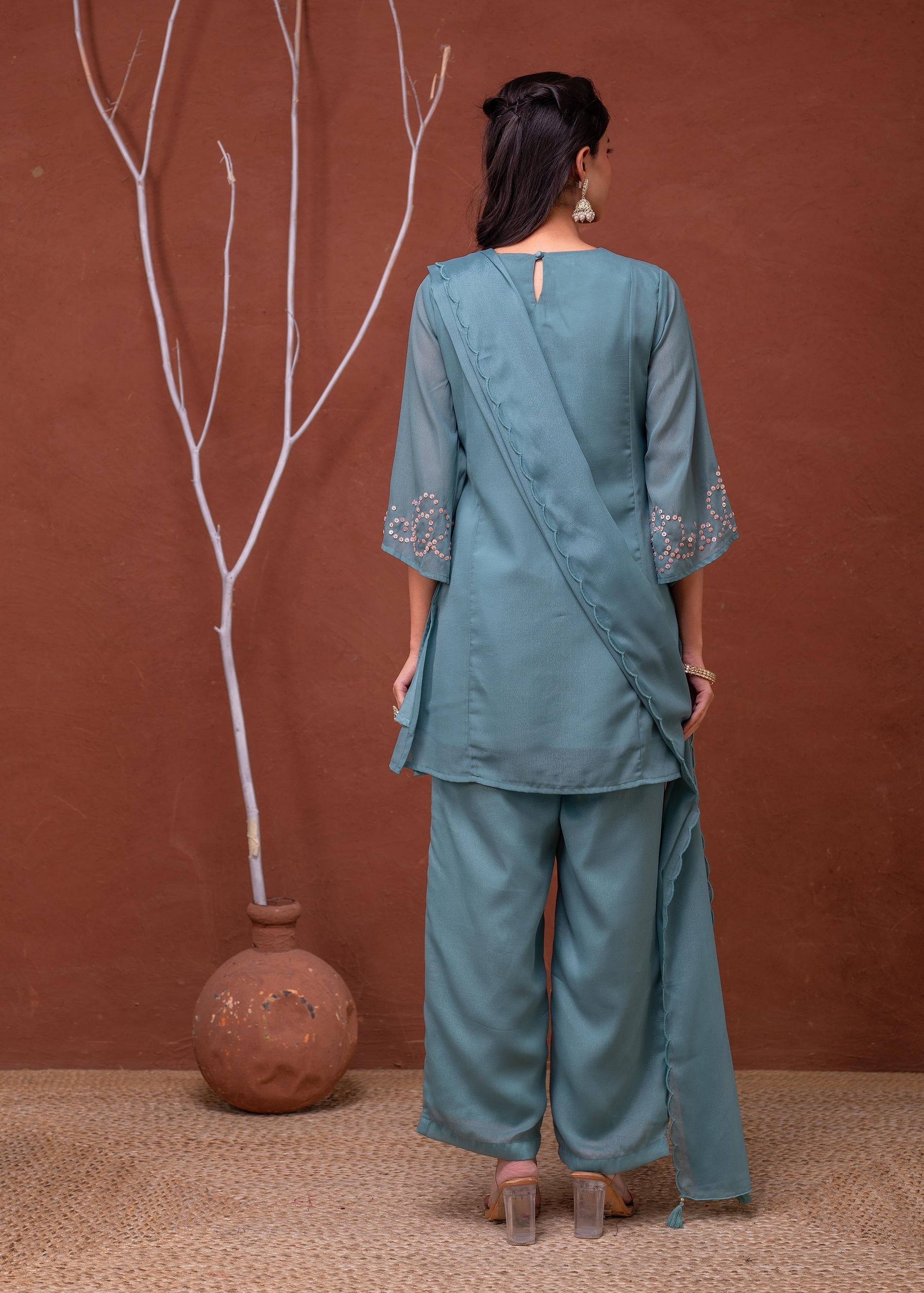 Mintgreen Embellished Kurta Pant Dupatta with Beads and Sequence Work 