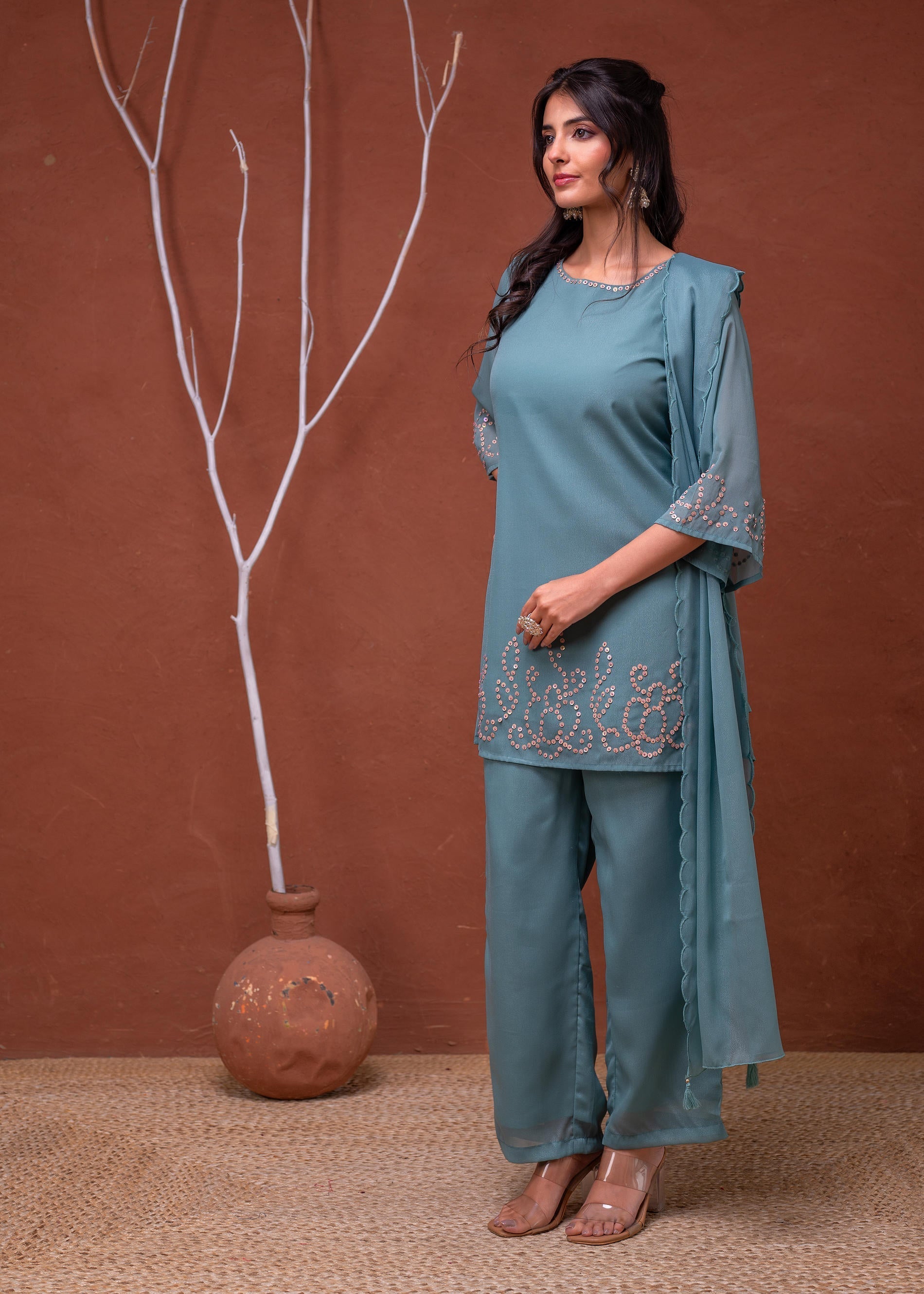 Mintgreen Embellished Kurta Pant Dupatta with Beads and Sequence Work 