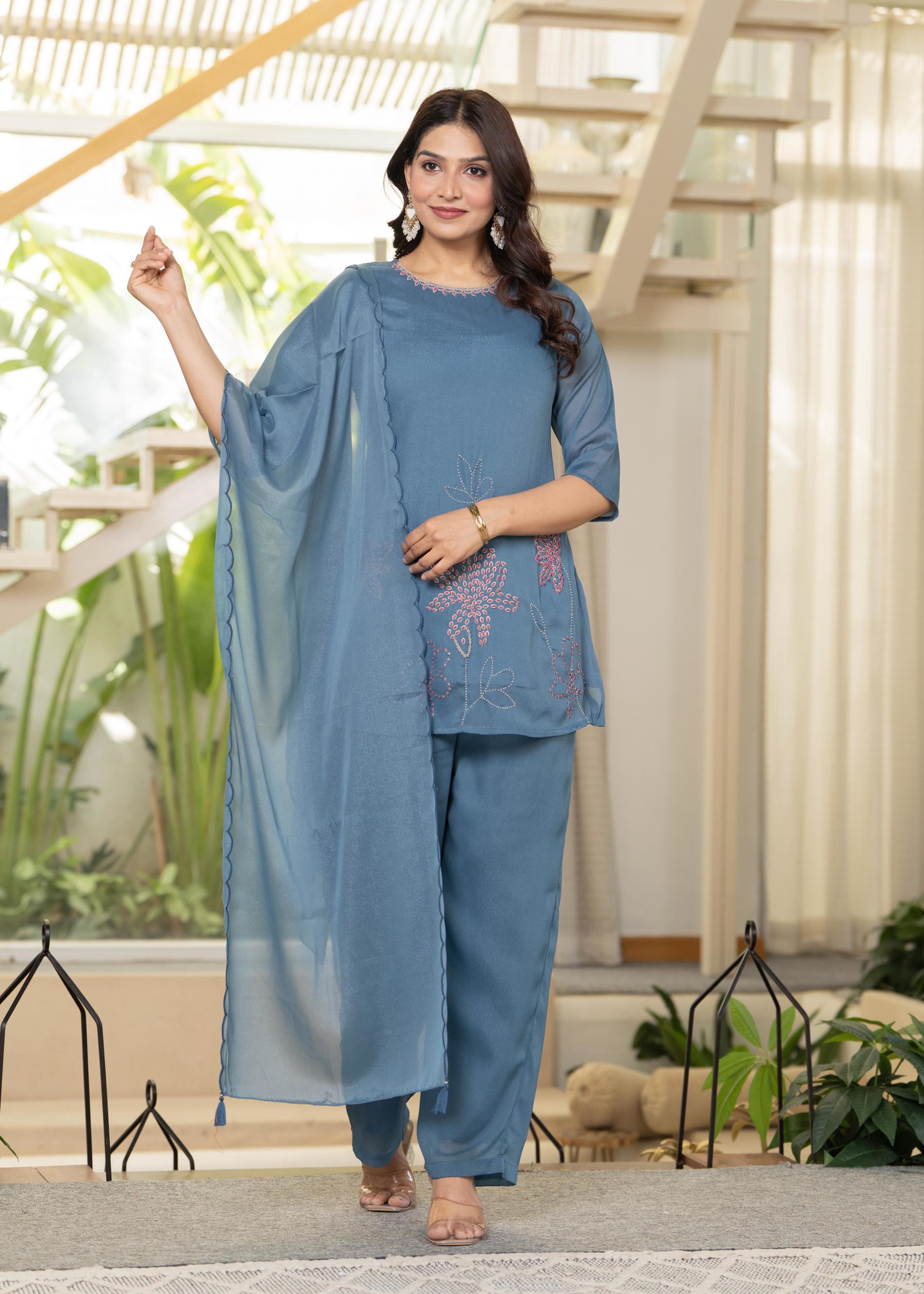 Blue Solid Man Made Fiber Kurta Pant Dupatta Set with Beads and Telesa