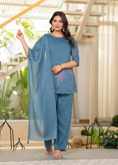 Blue Solid Man Made Fiber Kurta Pant Dupatta Set with Beads and Telesales Work