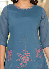 Blue Solid Man Made Fiber Kurta Pant Dupatta Set with Beads and Telesales Work