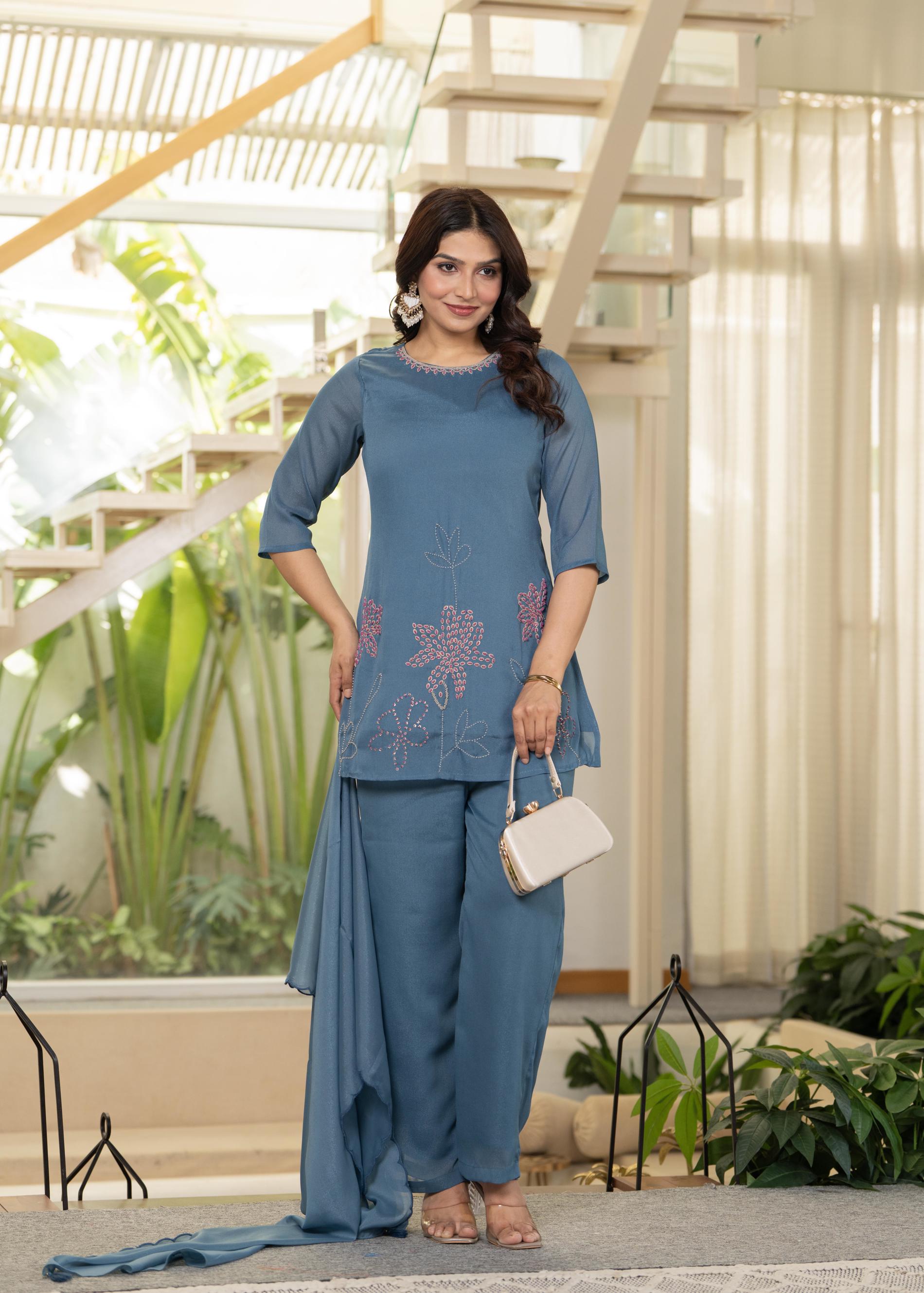 Blue Solid Man Made Fiber Kurta Pant Dupatta Set with Beads and Telesa