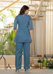 Blue Solid Man Made Fiber Kurta Pant Dupatta Set with Beads and Telesales Work