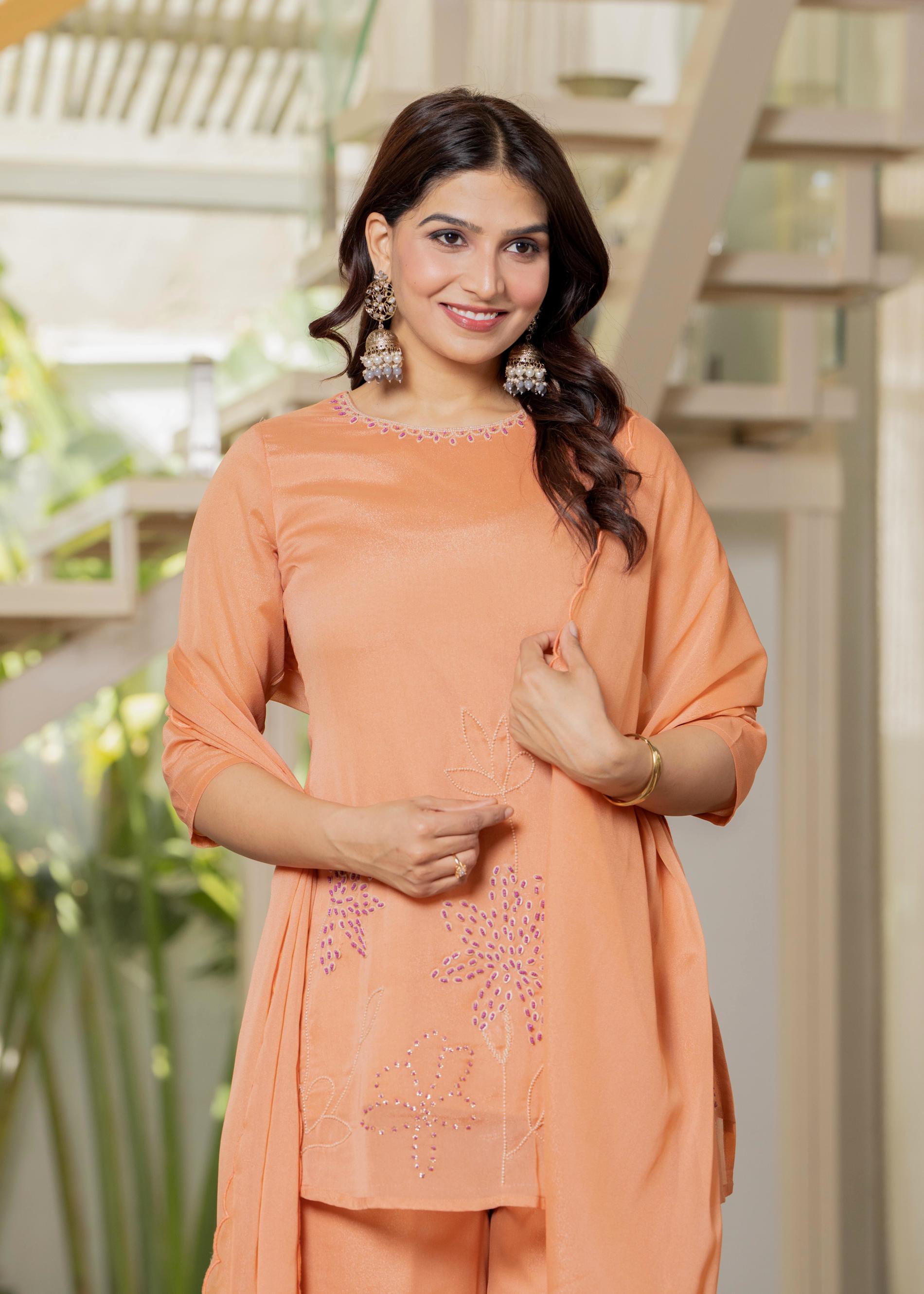 Peach Solid Man Made Fiber Kurta Pant Dupatta Set with Beads and Teles