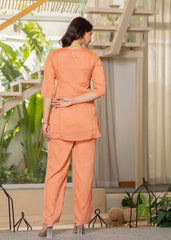 Peach Solid Man Made Fiber Kurta Pant Dupatta Set with Beads and Telesales Work
