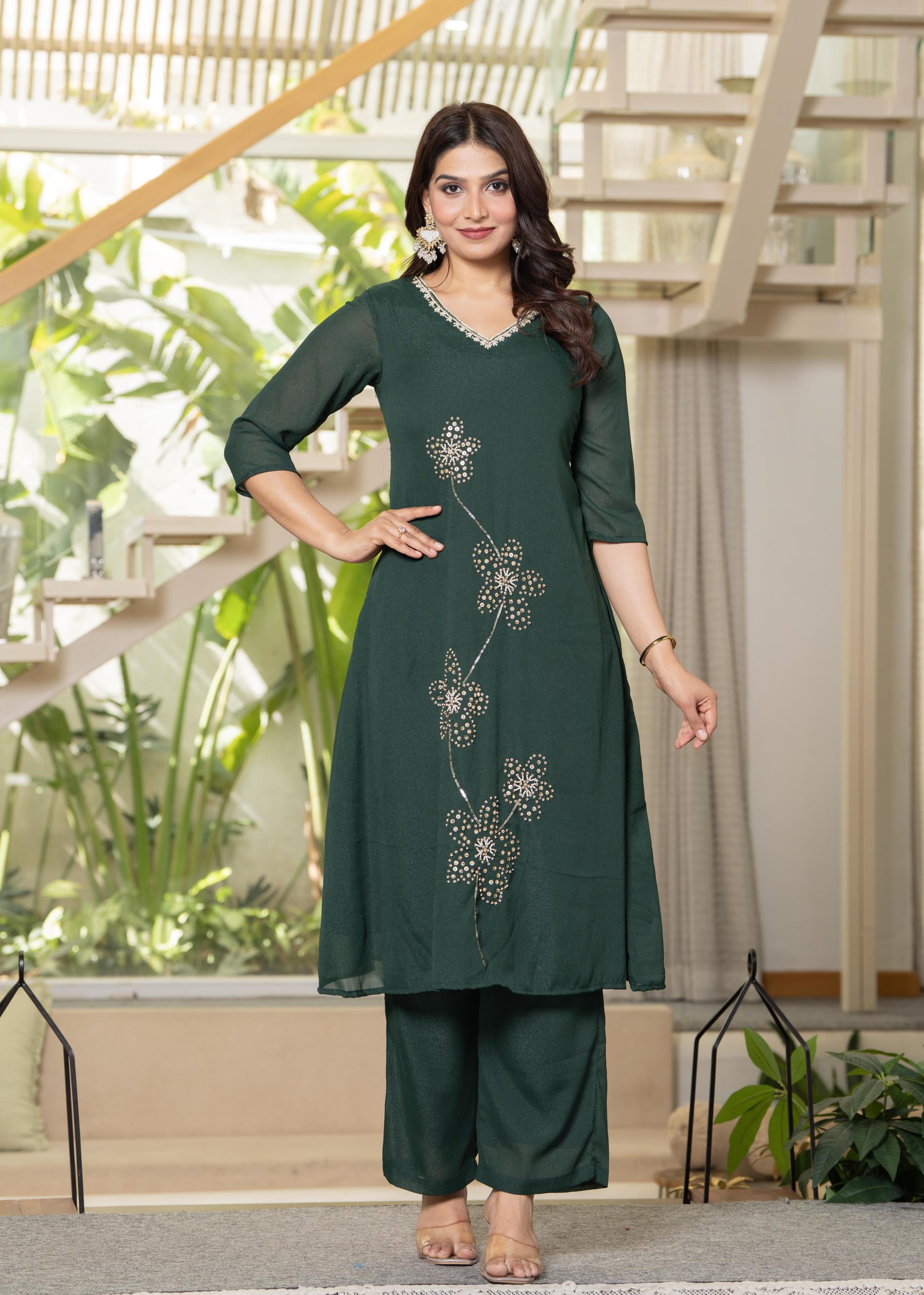Jade Green Solid Man Made Fiber Kurta Pant Dupatta Set with Beads and 