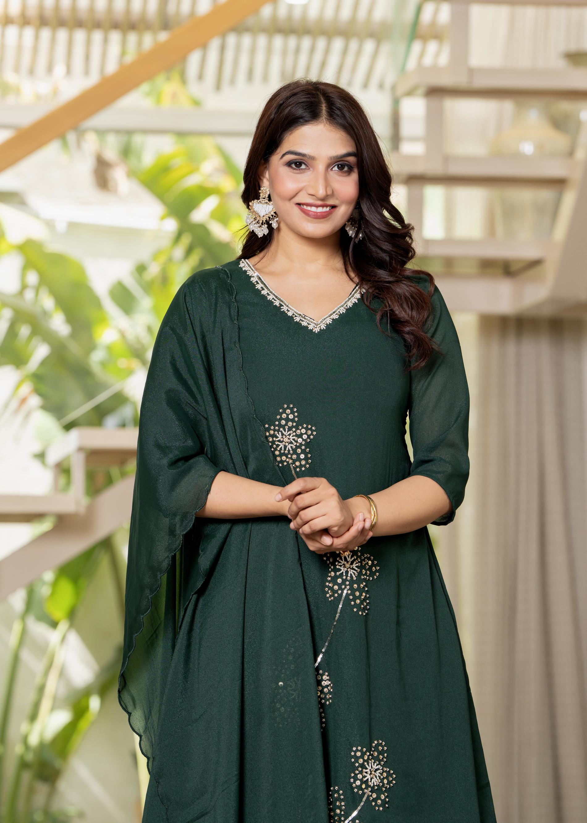 Jade Green Solid Man Made Fiber Kurta Pant Dupatta Set with Beads and 
