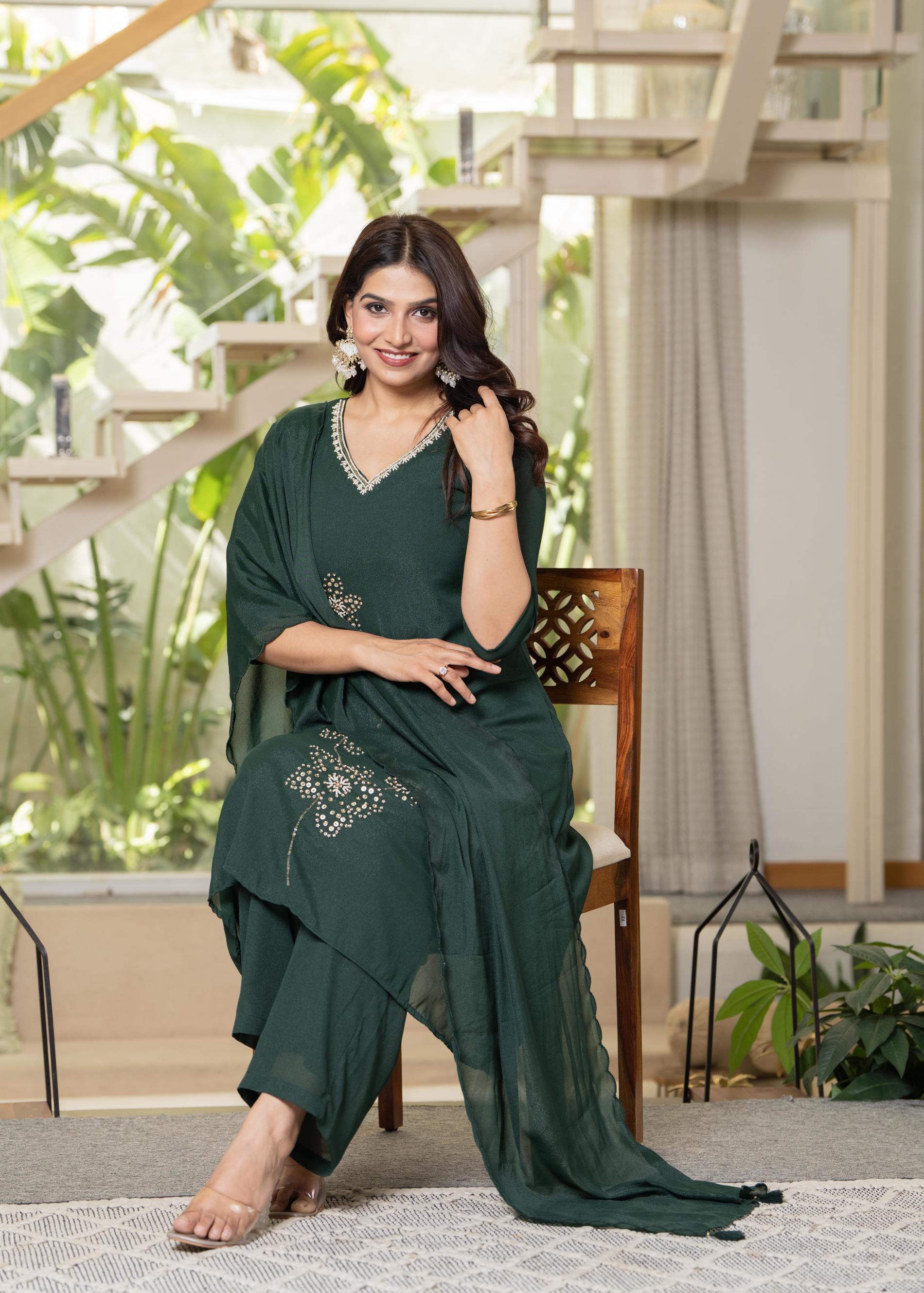 Jade Green Solid Man Made Fiber Kurta Pant Dupatta Set with Beads and 