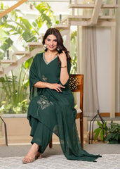 Jade Green Solid Man Made Fiber Kurta Pant Dupatta Set with Beads and Sequence Work