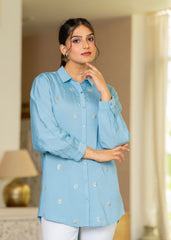Steel Blue Solid Viscose Shirt with Beads and Sequence Work