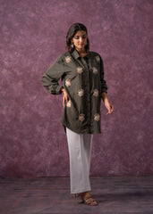 Olive Green Embellished Shirt Tunic with Beaded Eye Motifs