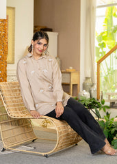Ivory Solid Viscose Shirt with Beads and Sequence Work