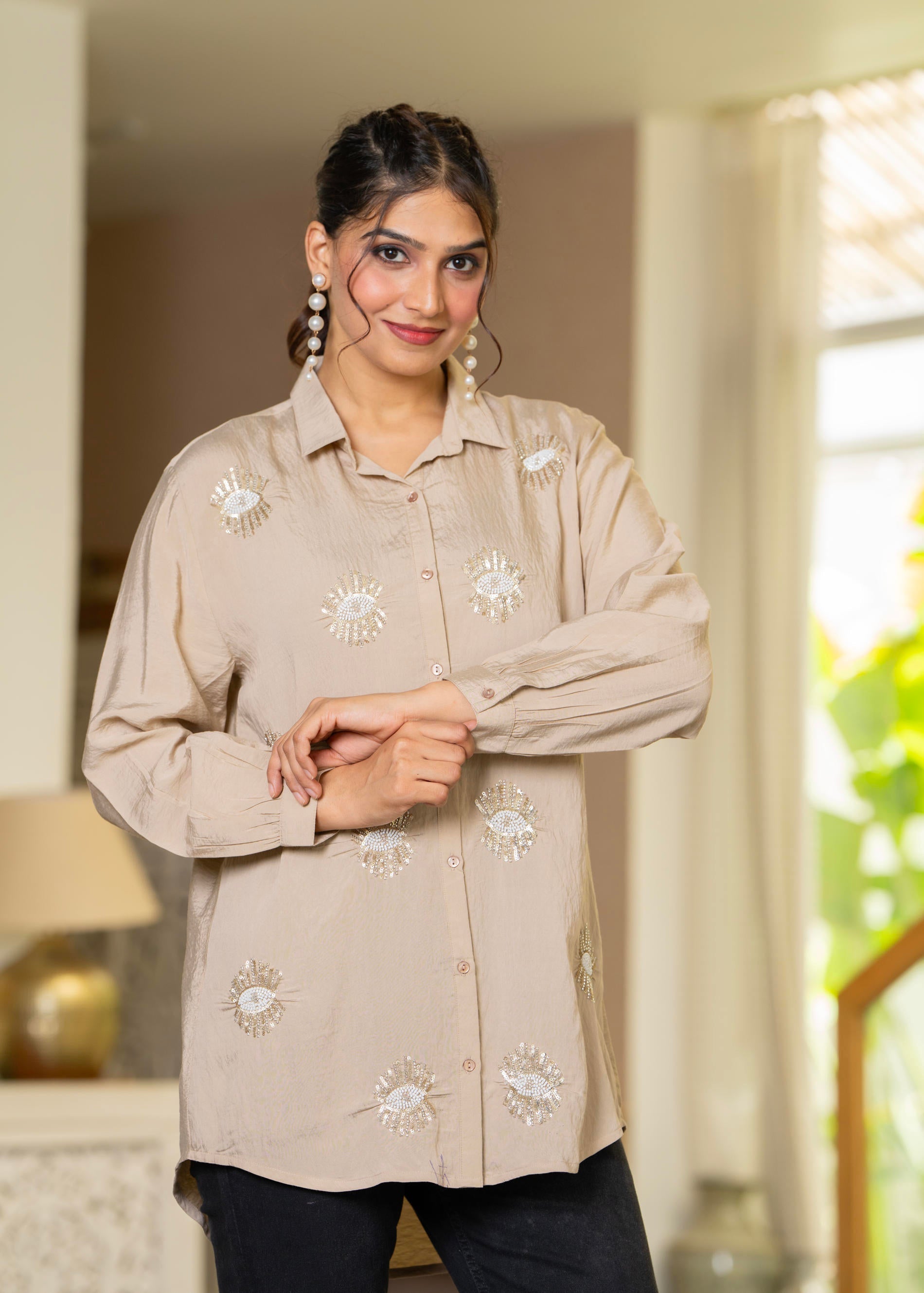 Ivory Solid Viscose Shirt with Beads and Sequence Work - 2 | DesiQlo