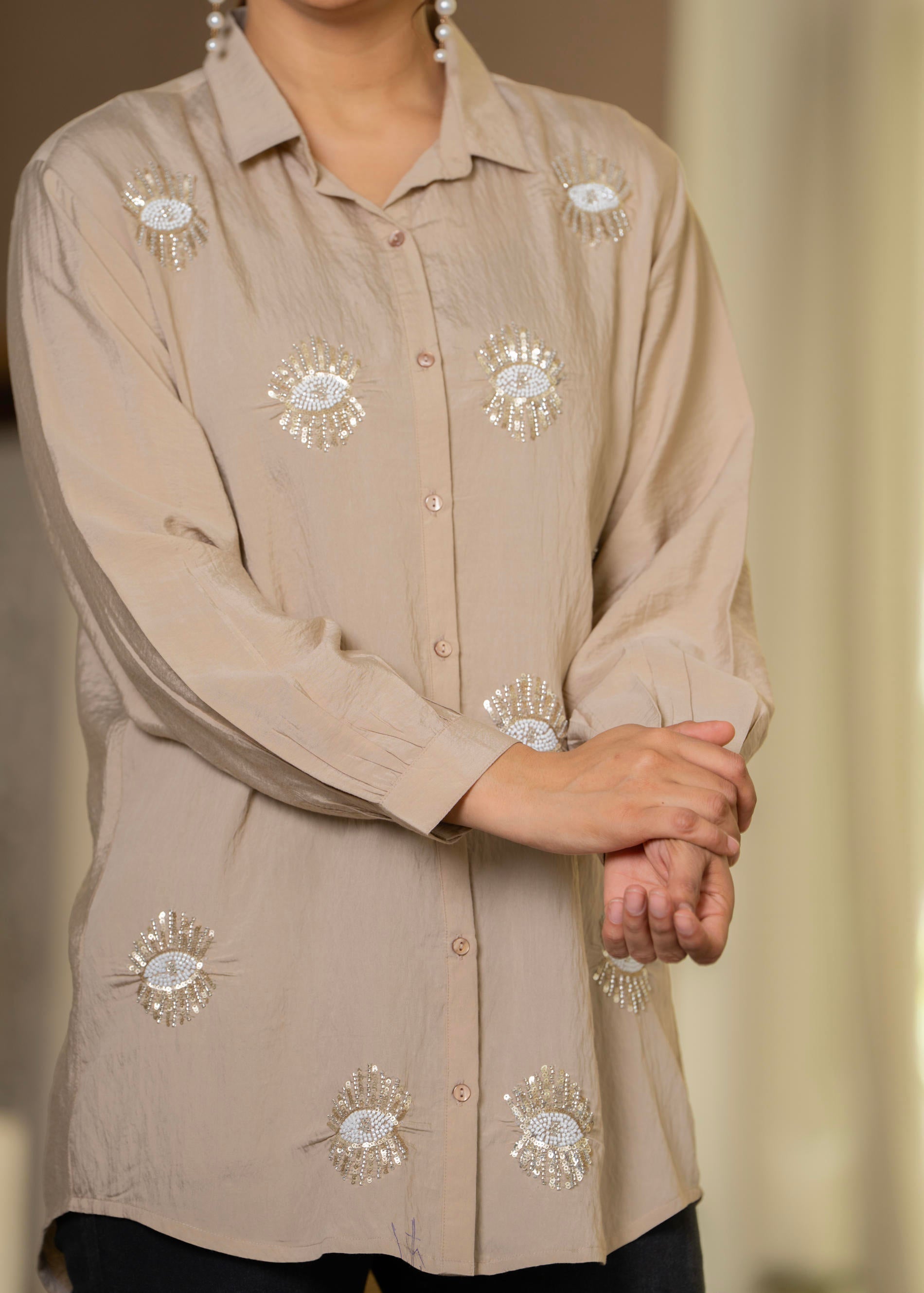 Ivory Solid Viscose Shirt with Beads and Sequence Work - 2 | DesiQlo