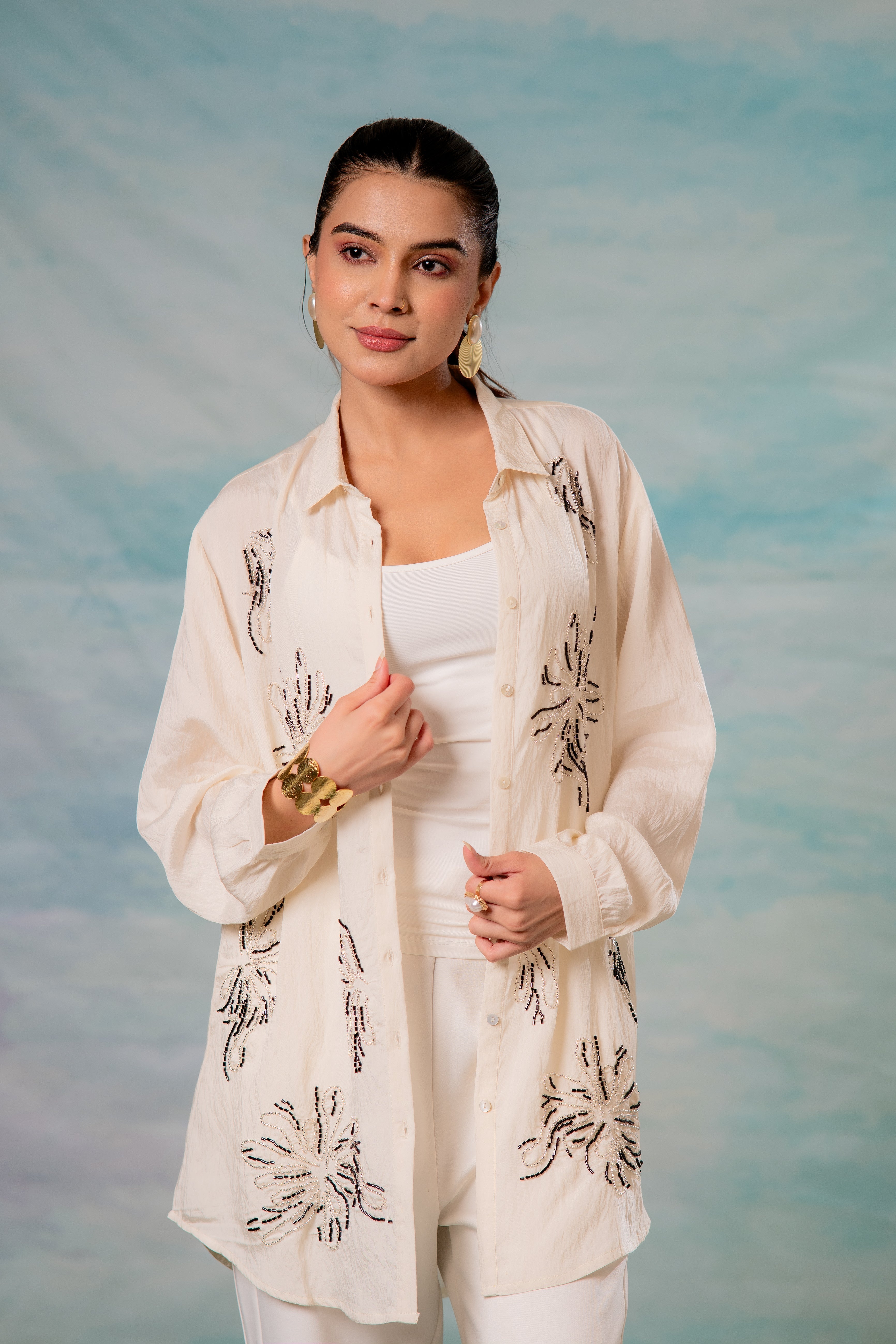 Viscose Offwhite Embellished Shirt with Bead Details | DesiQlo