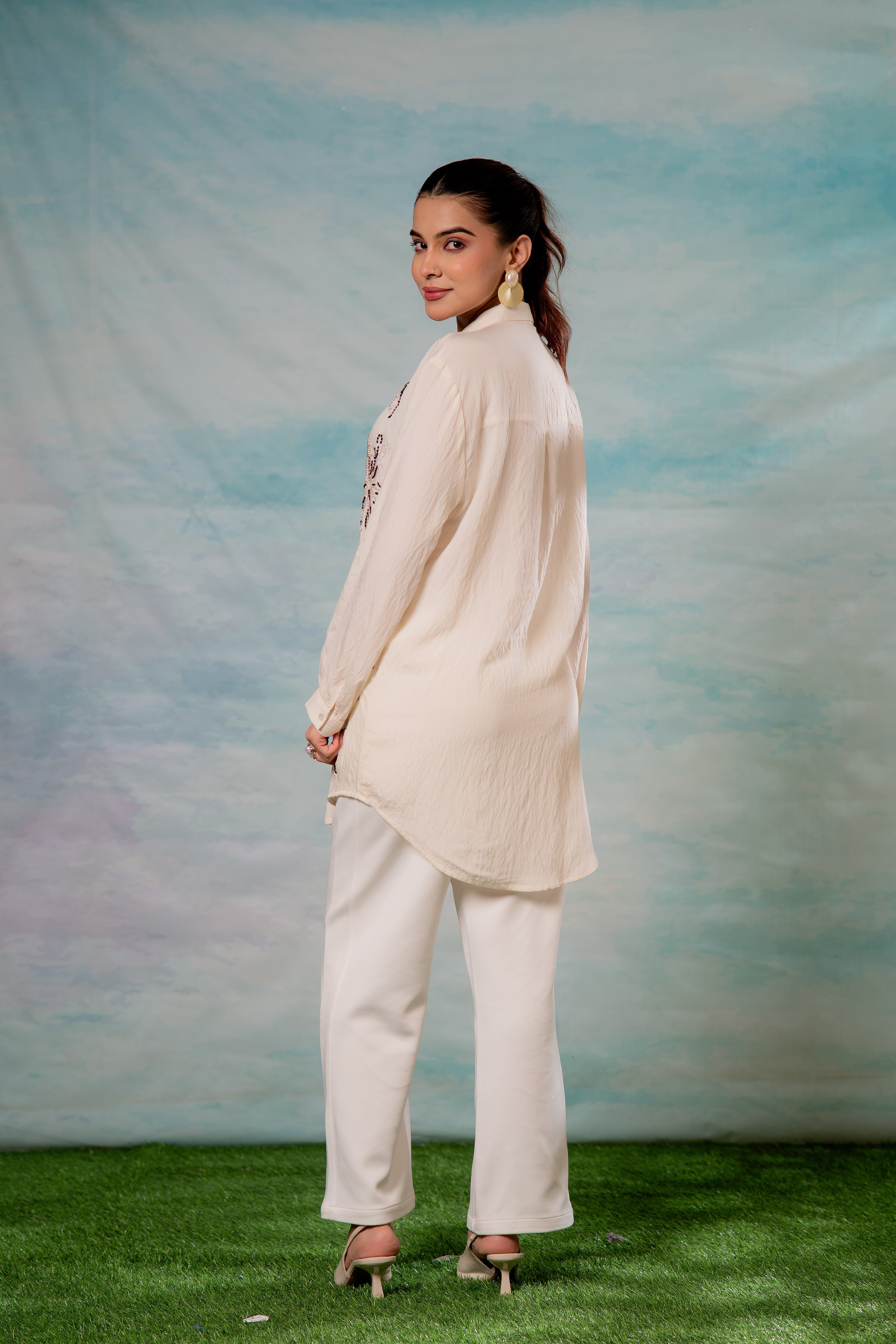 Viscose Offwhite Embellished Shirt with Bead Details | DesiQlo