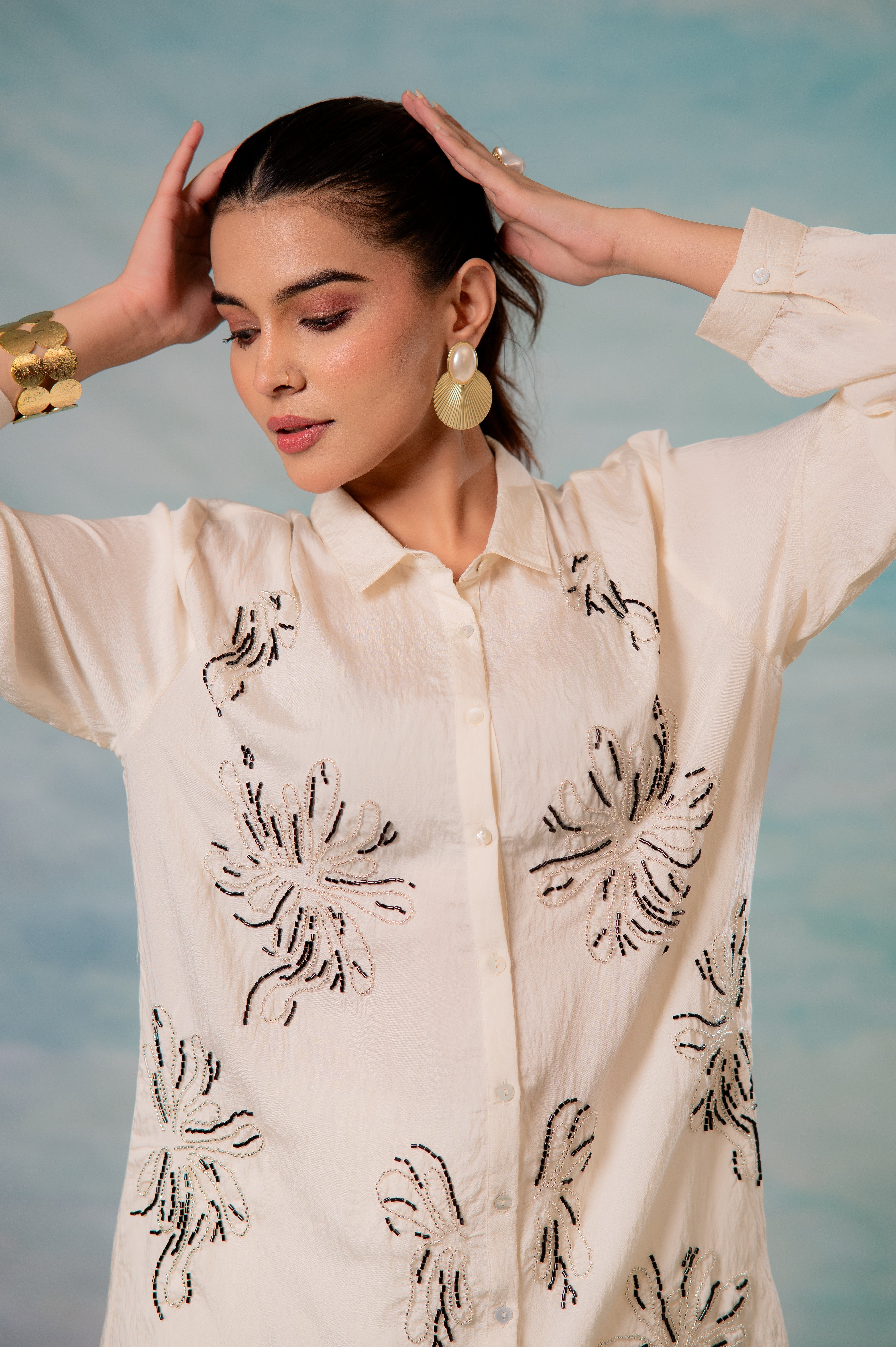Viscose Offwhite Embellished Shirt with Bead Details | DesiQlo