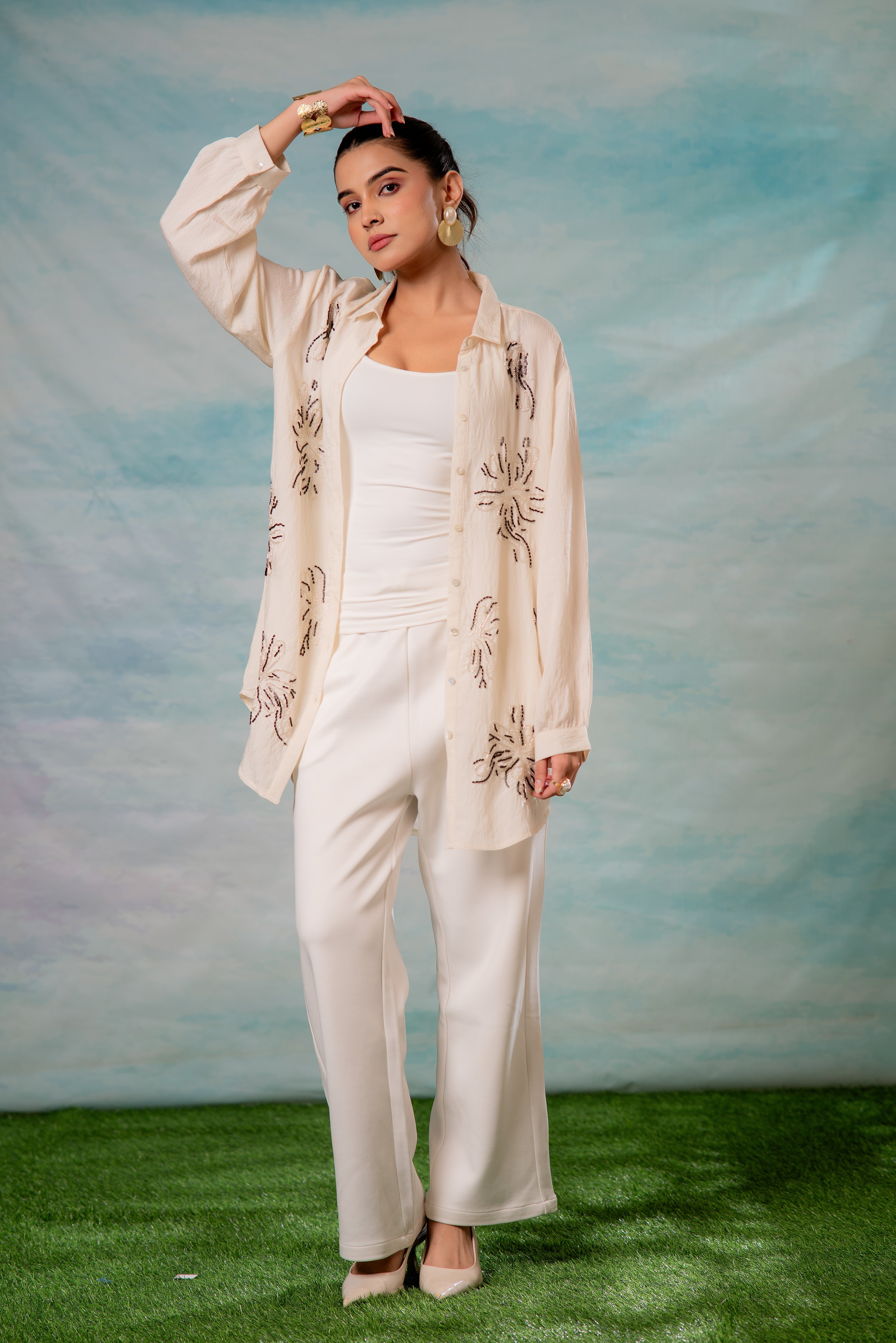 Viscose Offwhite Embellished Shirt with Bead Details | DesiQlo