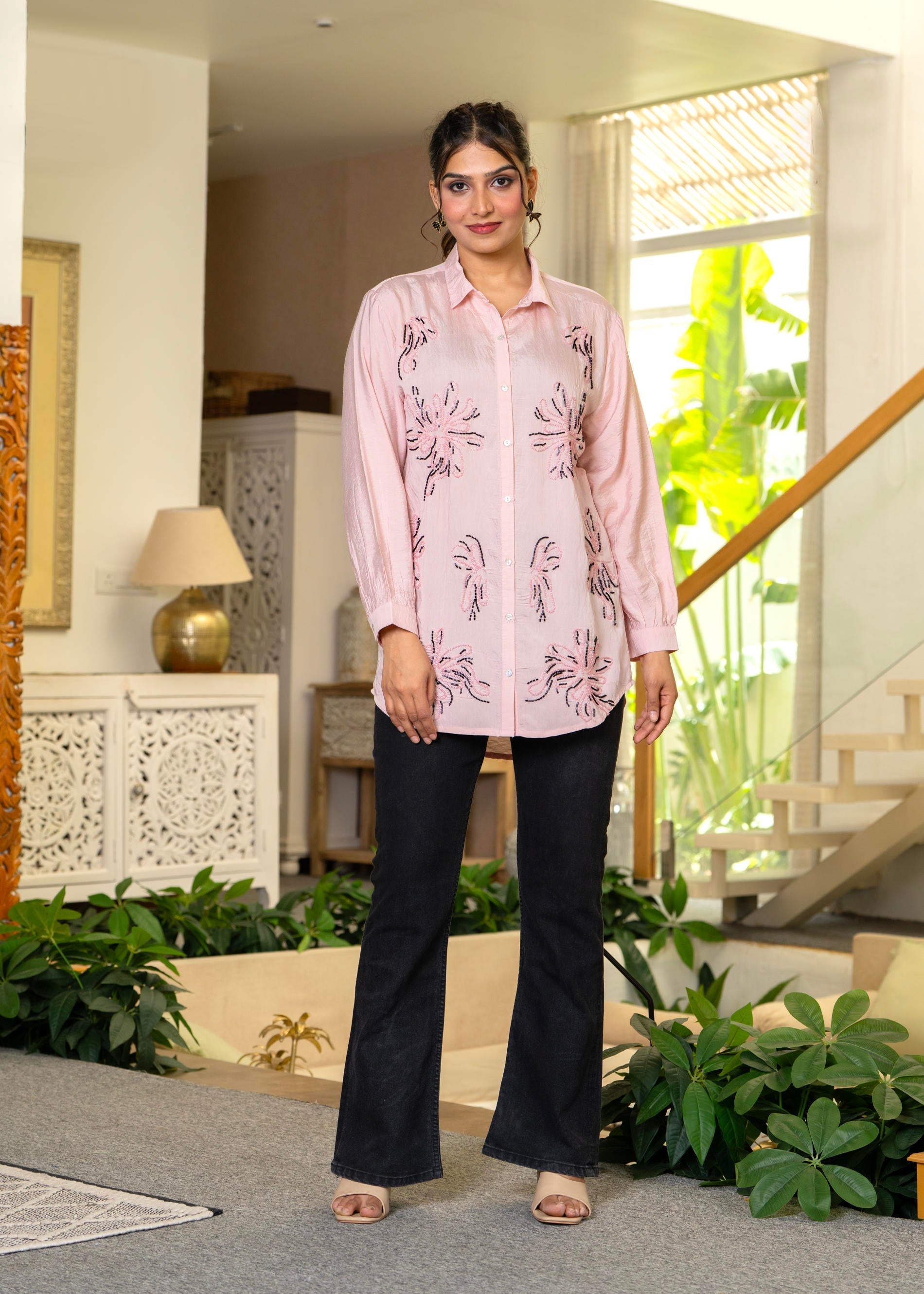 Women Pink Solid Viscose Shirt with Beads Work | DesiQlo