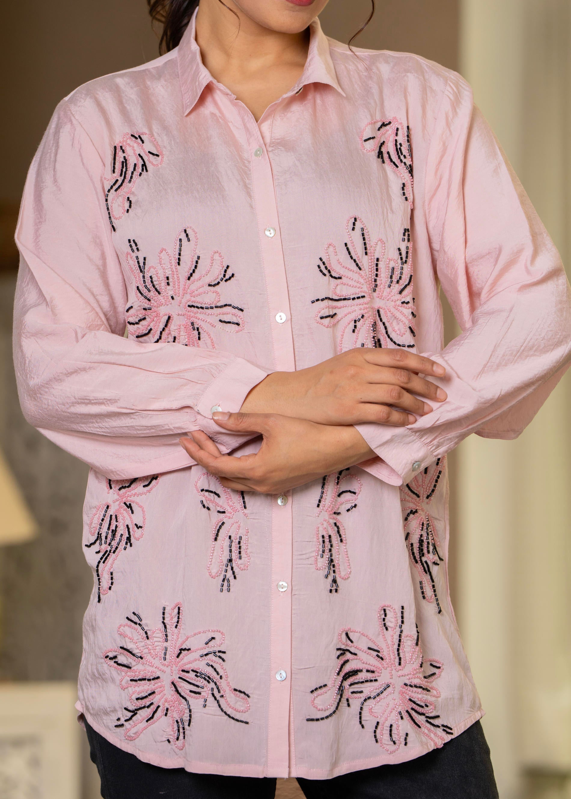 Women Pink Solid Viscose Shirt with Beads Work | DesiQlo