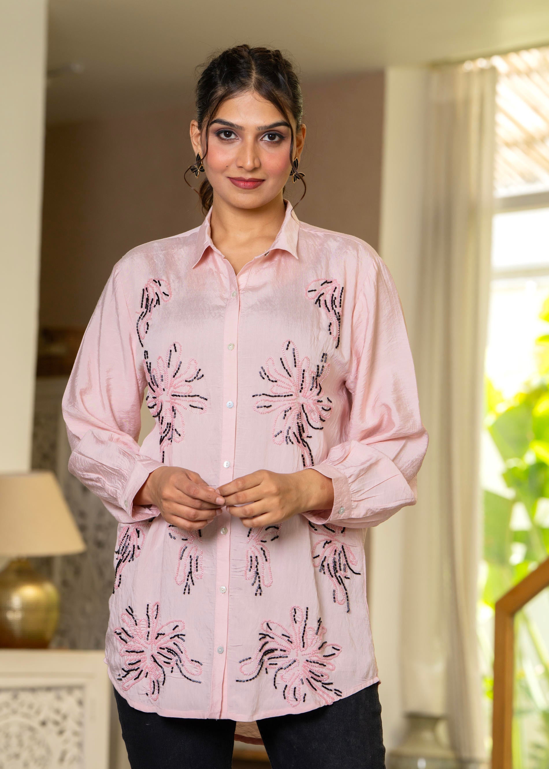Women Pink Solid Viscose Shirt with Beads Work | DesiQlo