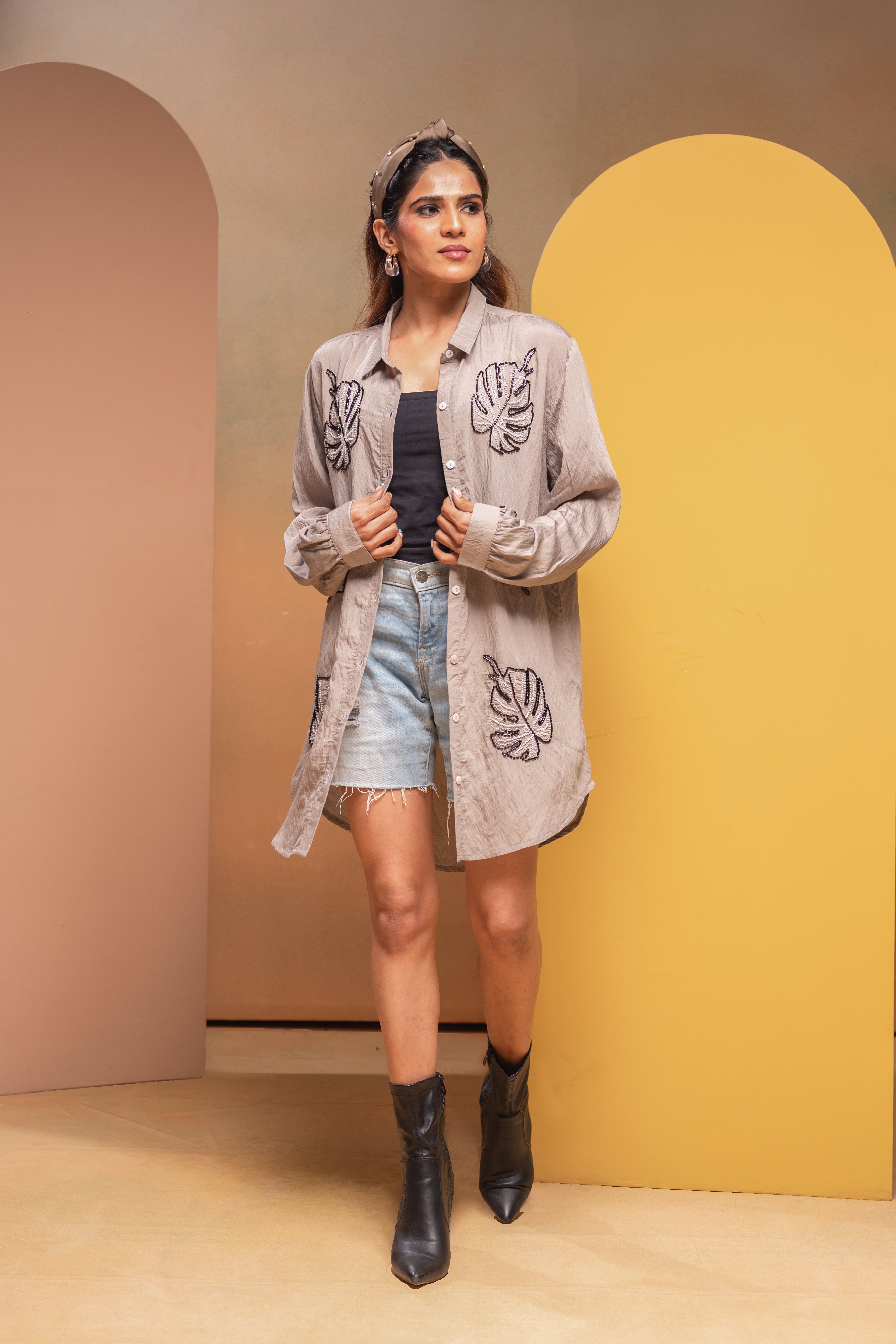 Grey Solid Viscose Shirt with Beads Work - 2 | DesiQlo
