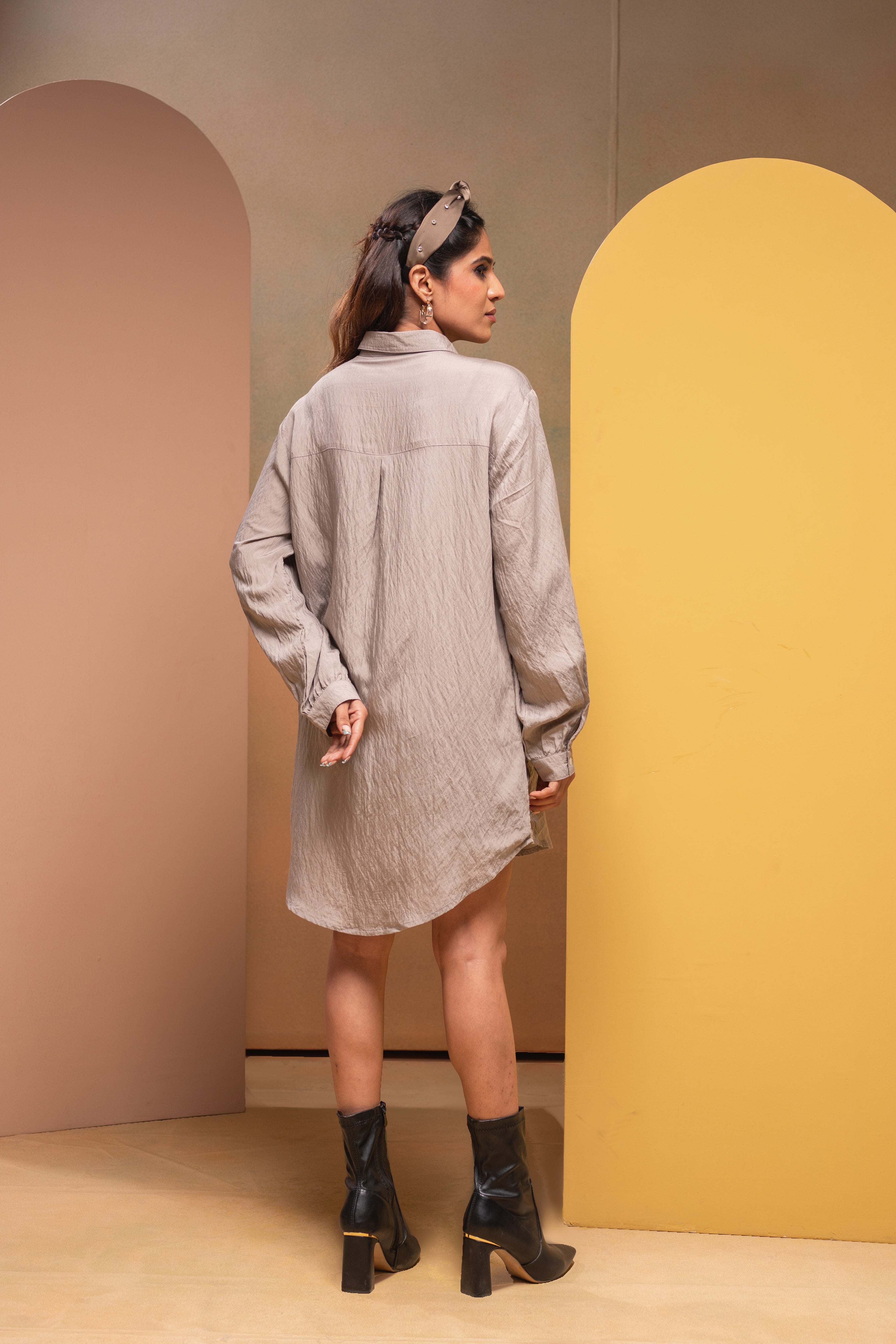 Grey Solid Viscose Shirt with Beads Work - 2 | DesiQlo