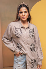 Grey Solid Viscose Shirt with Beads Work