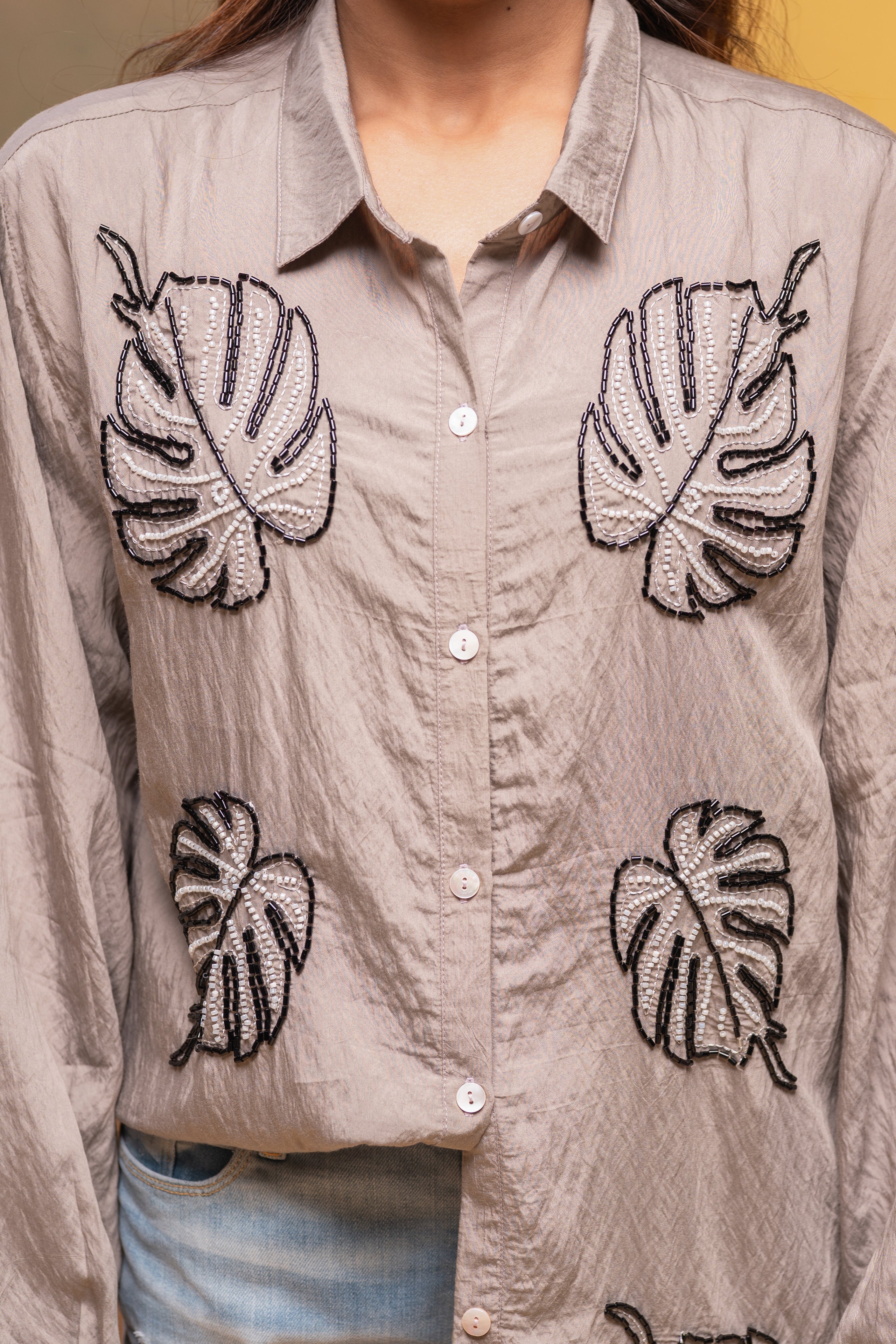 Grey Solid Viscose Shirt with Beads Work - 2 | DesiQlo