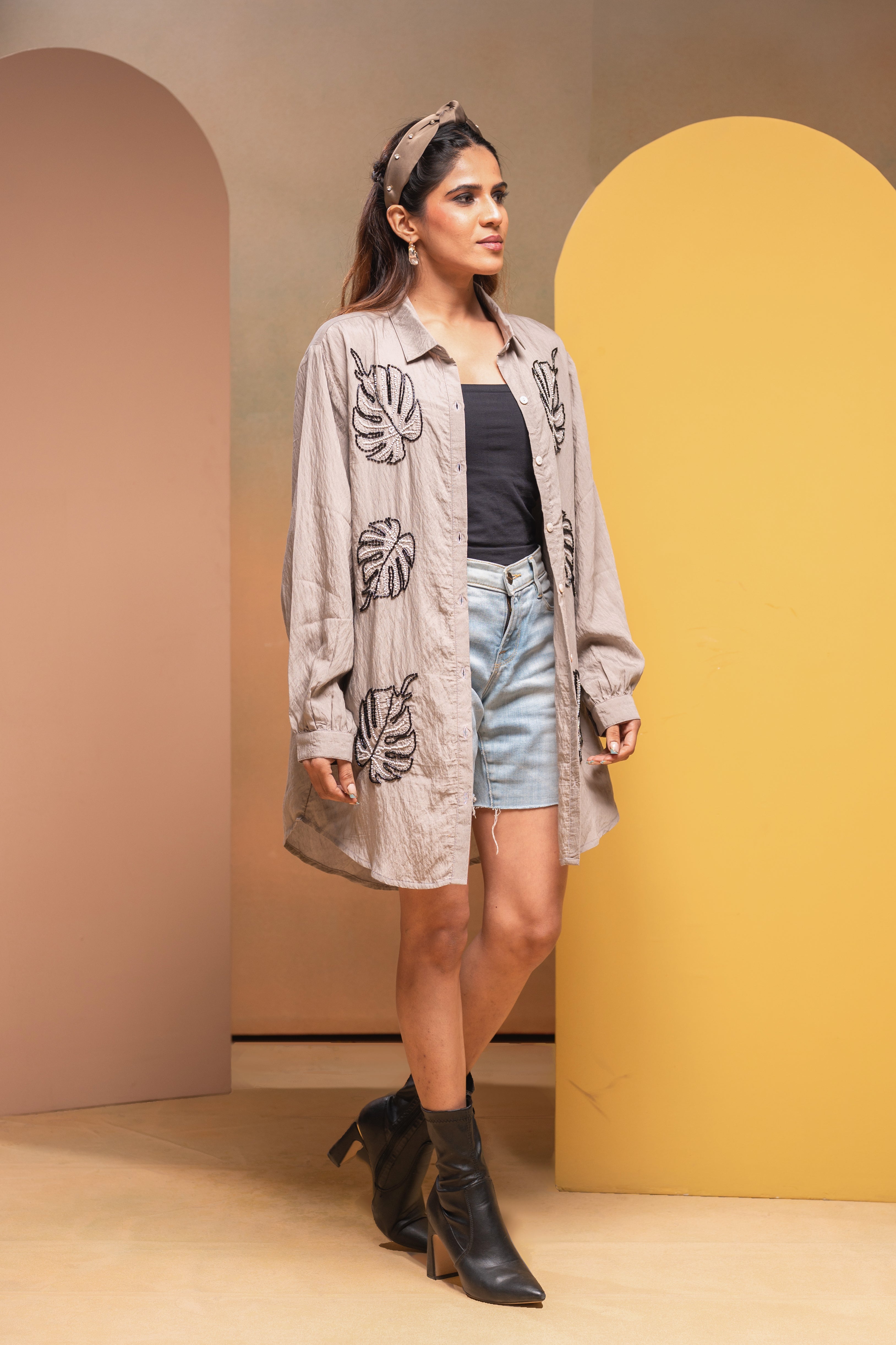 Grey Solid Viscose Shirt with Beads Work - 2 | DesiQlo