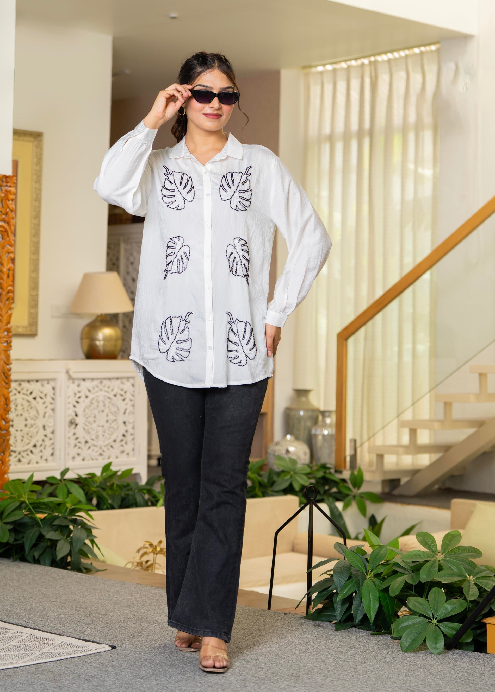 White Solid Viscose Shirt with Beads Work | DesiQlo