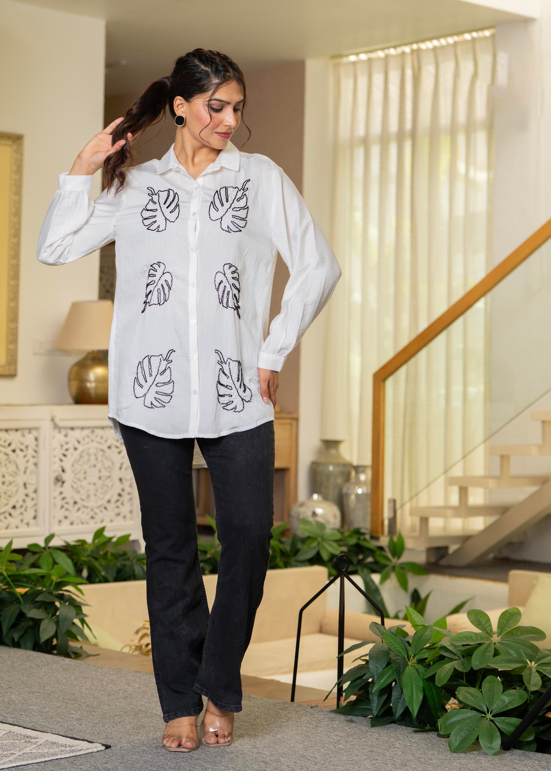 White Solid Viscose Shirt with Beads Work | DesiQlo