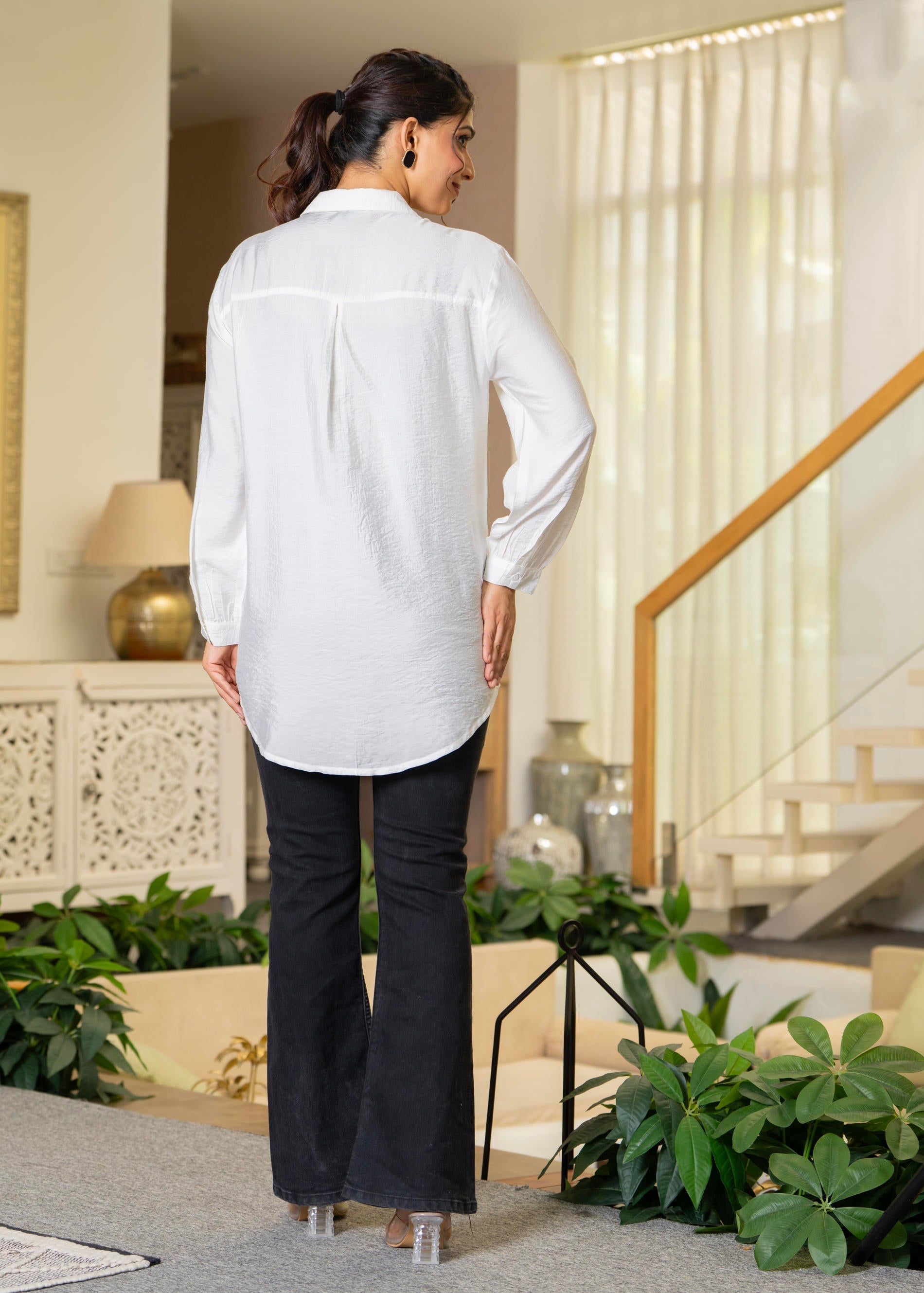 White Solid Viscose Shirt with Beads Work | DesiQlo