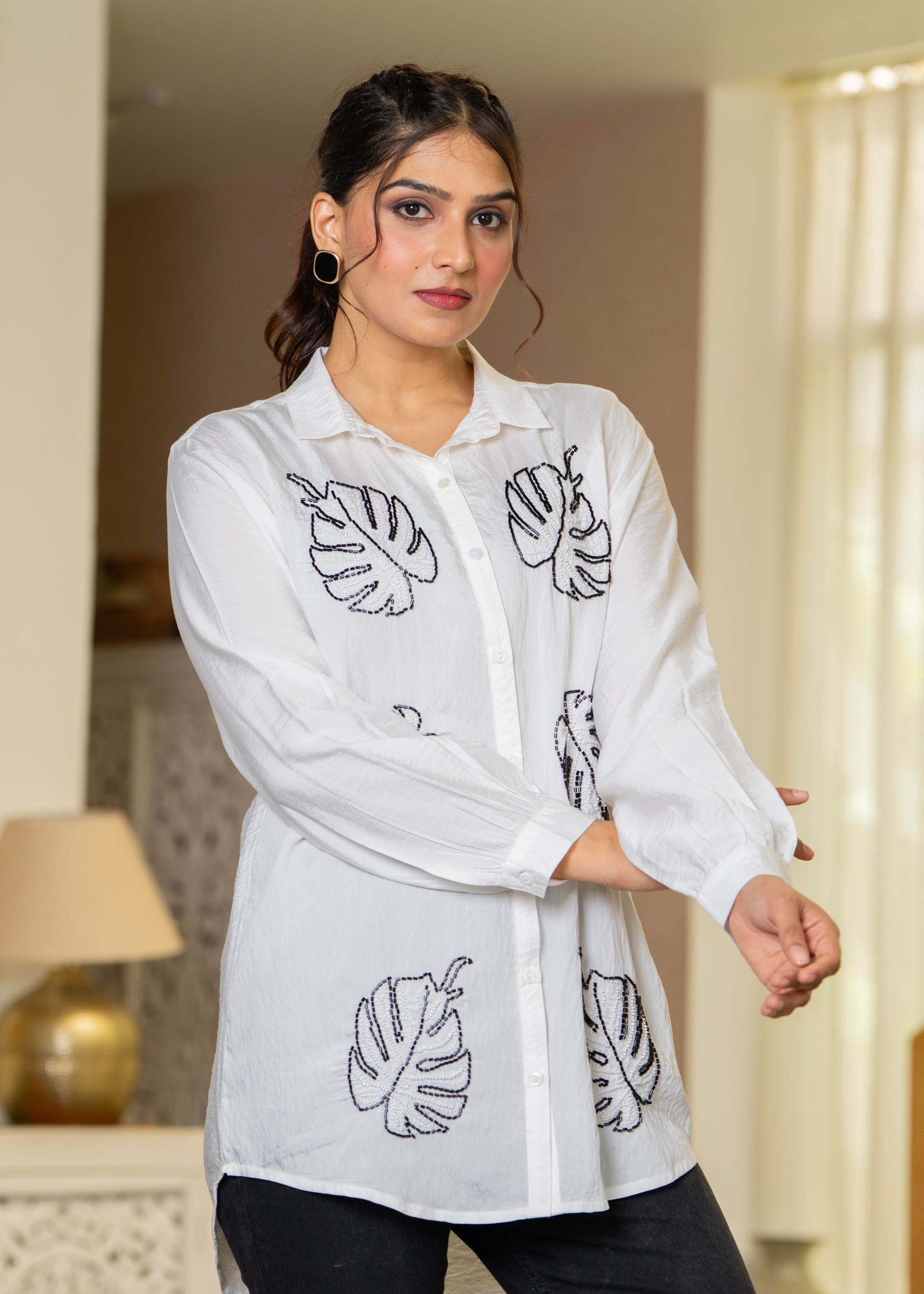 White Solid Viscose Shirt with Beads Work | DesiQlo