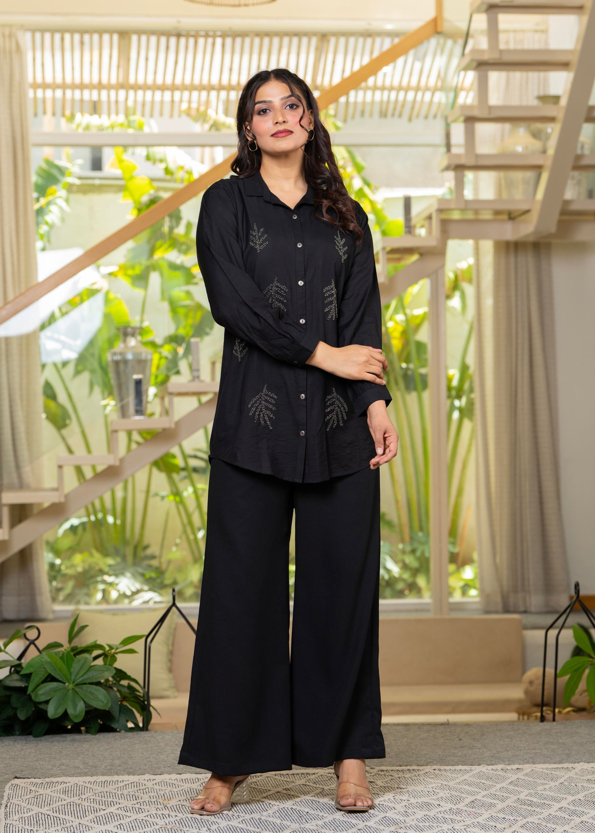 Black Solid Viscose Shirt with Beads Work - 2 | DesiQlo
