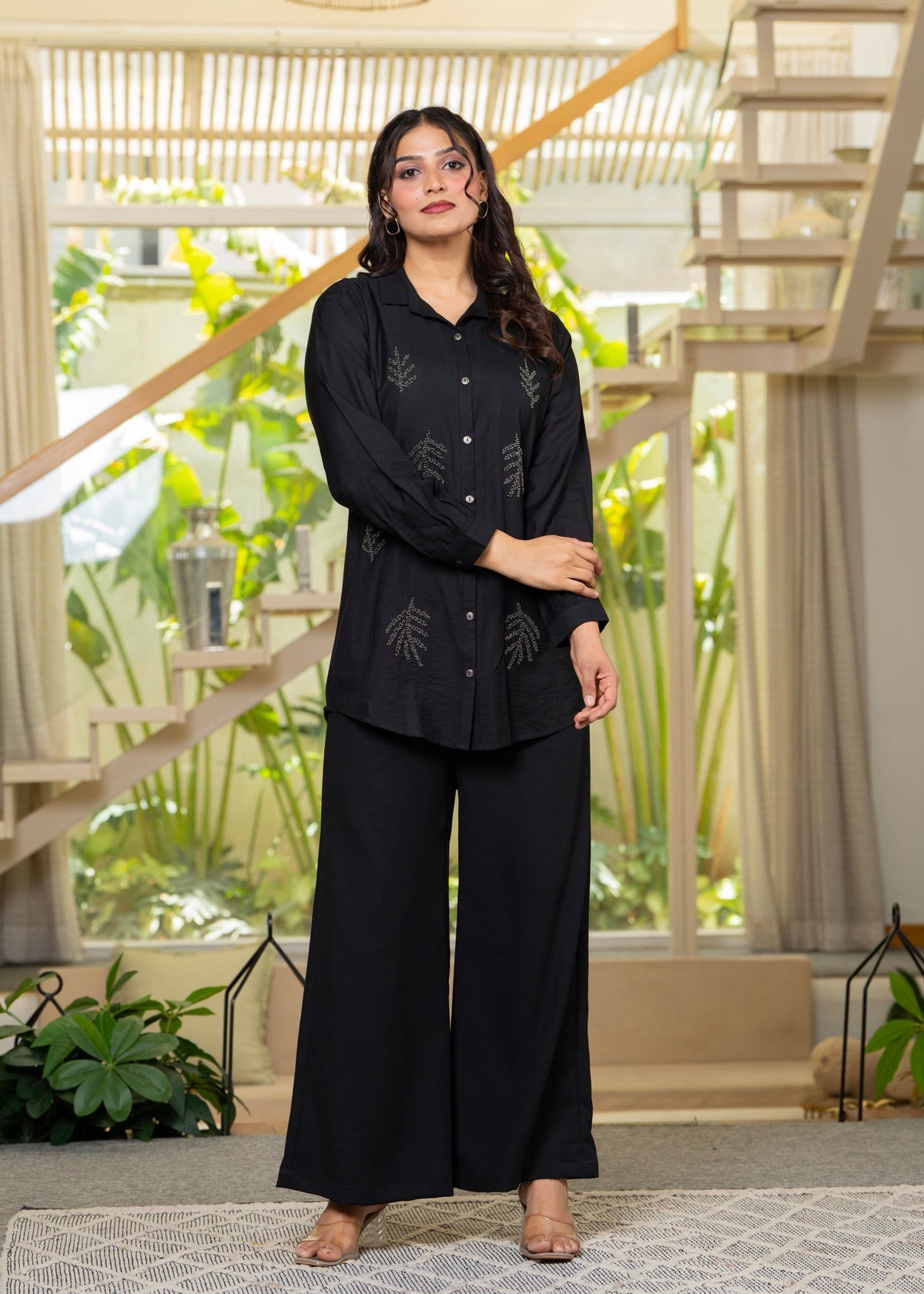 Black Solid Viscose Shirt with Beads Work
