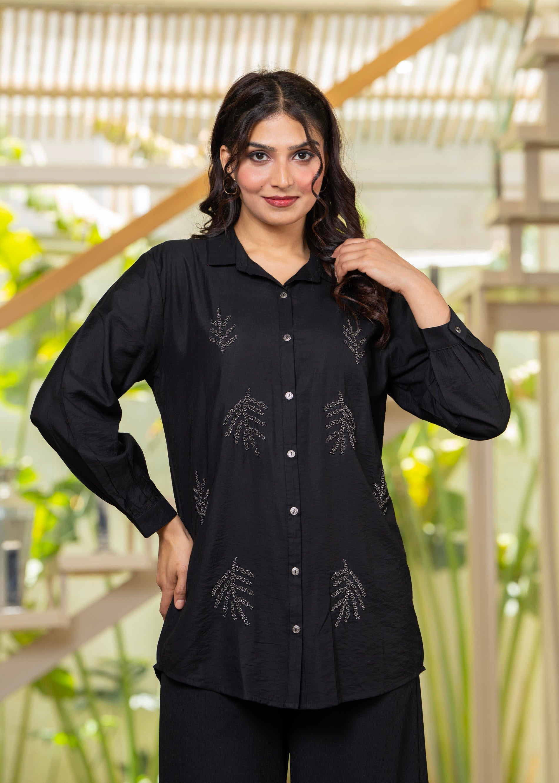 Black Solid Viscose Shirt with Beads Work - 2 | DesiQlo