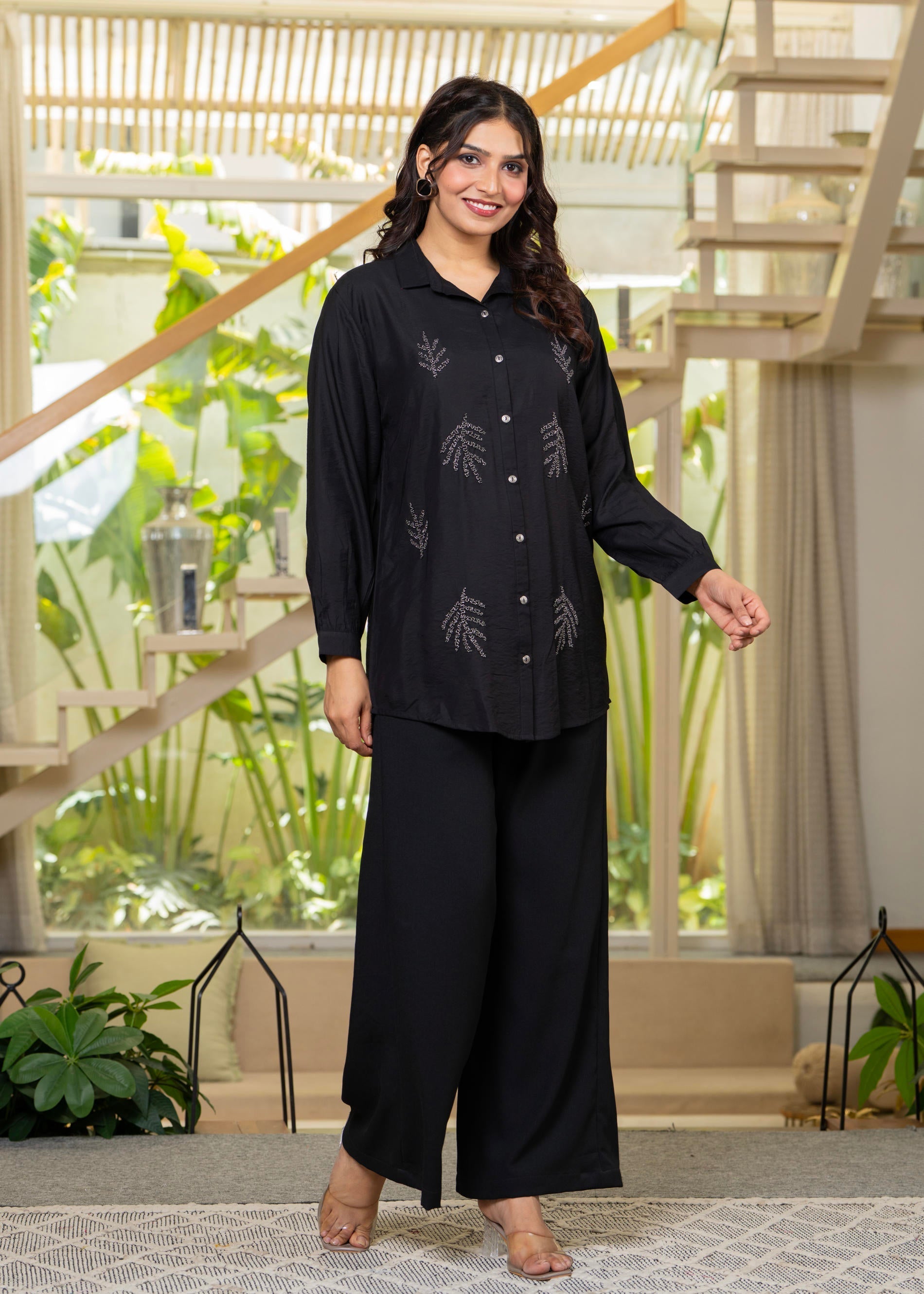 Black Solid Viscose Shirt with Beads Work - 2 | DesiQlo