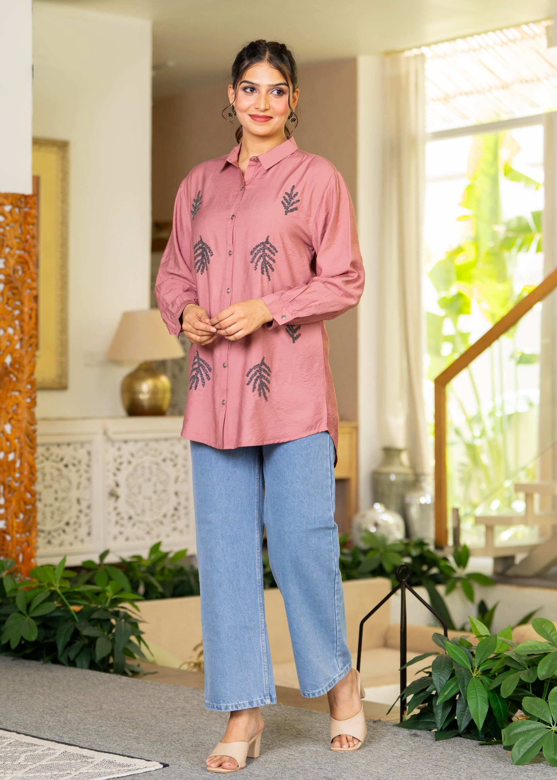 Dusty Pink Solid Viscose Shirt with Beads Work | DesiQlo
