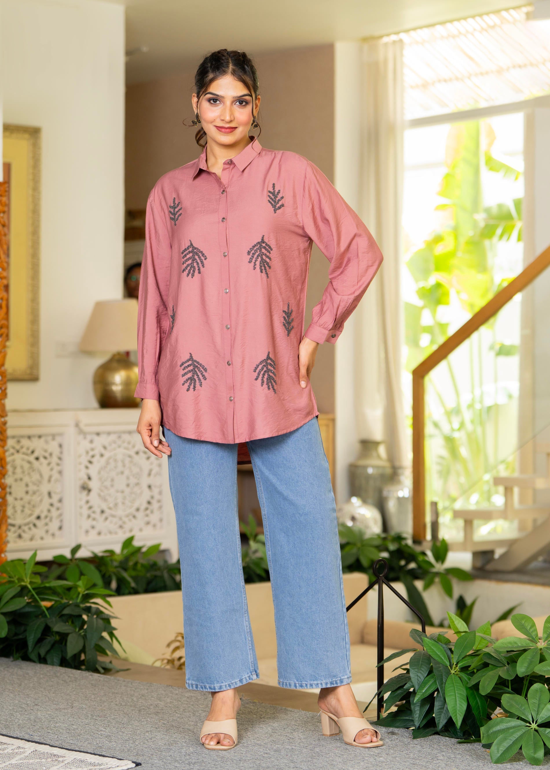 Dusty Pink Solid Viscose Shirt with Beads Work | DesiQlo