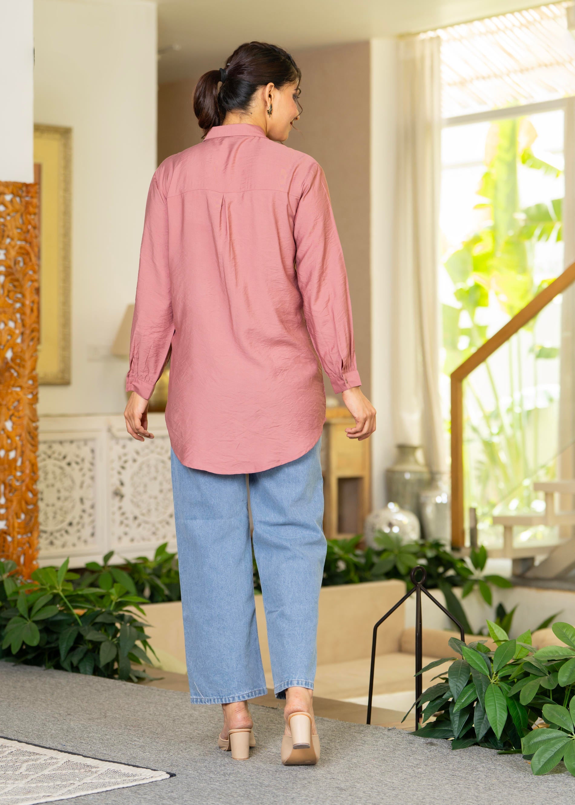 Dusty Pink Solid Viscose Shirt with Beads Work | DesiQlo