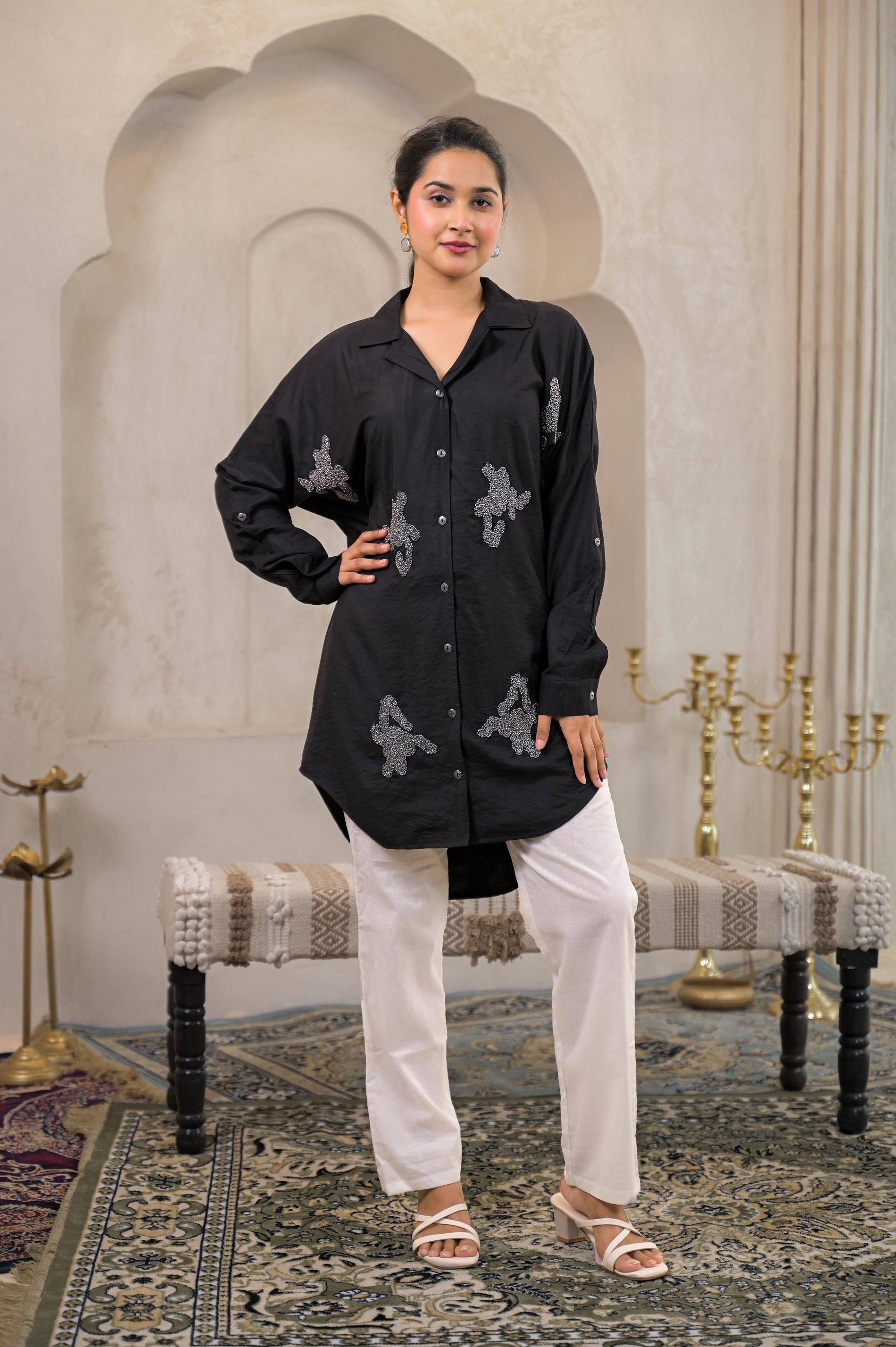 Black Solid Viscose Shirt with Beads Work - 3 | DesiQlo