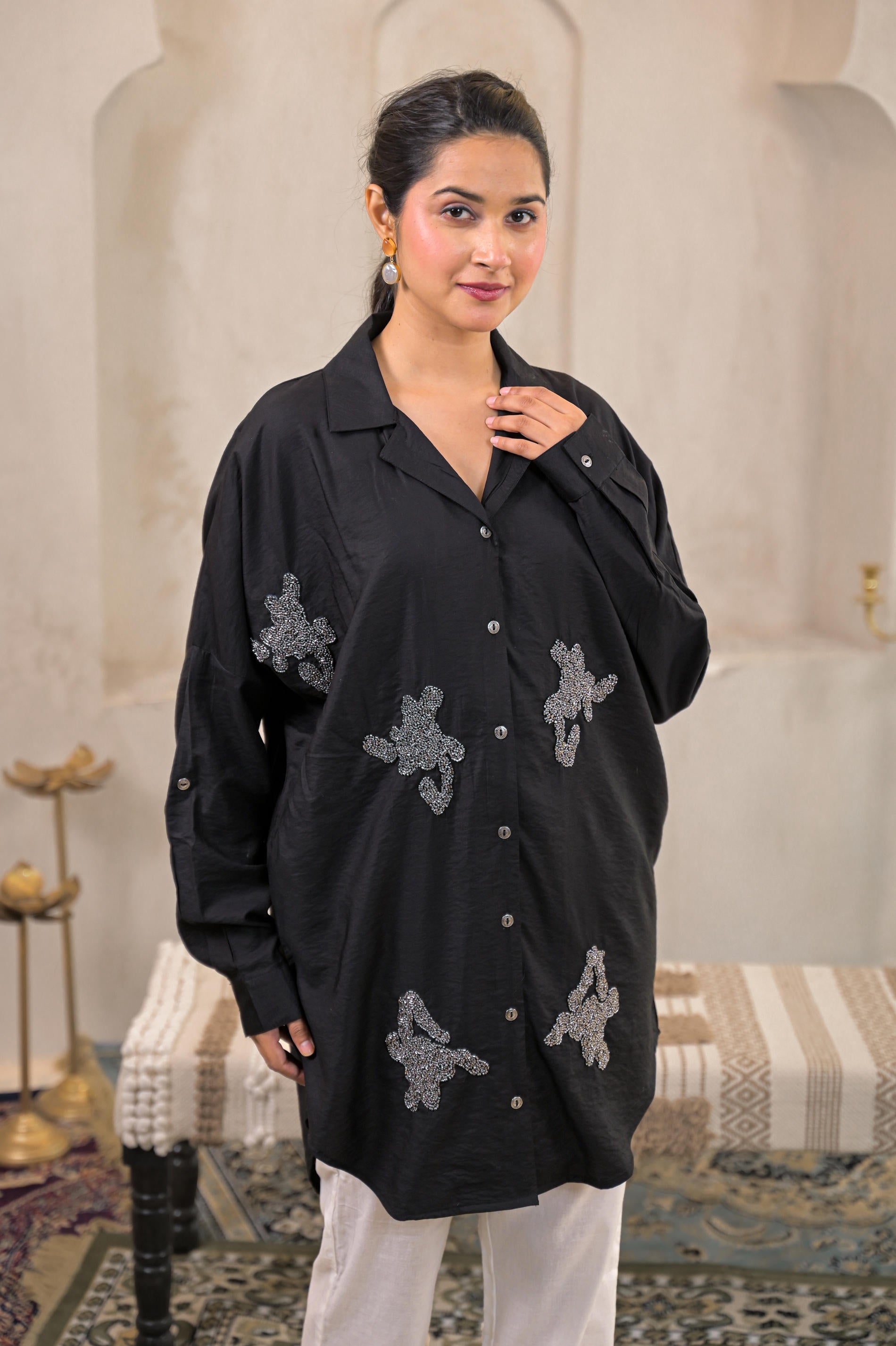 Black Solid Viscose Shirt with Beads Work - 3 | DesiQlo