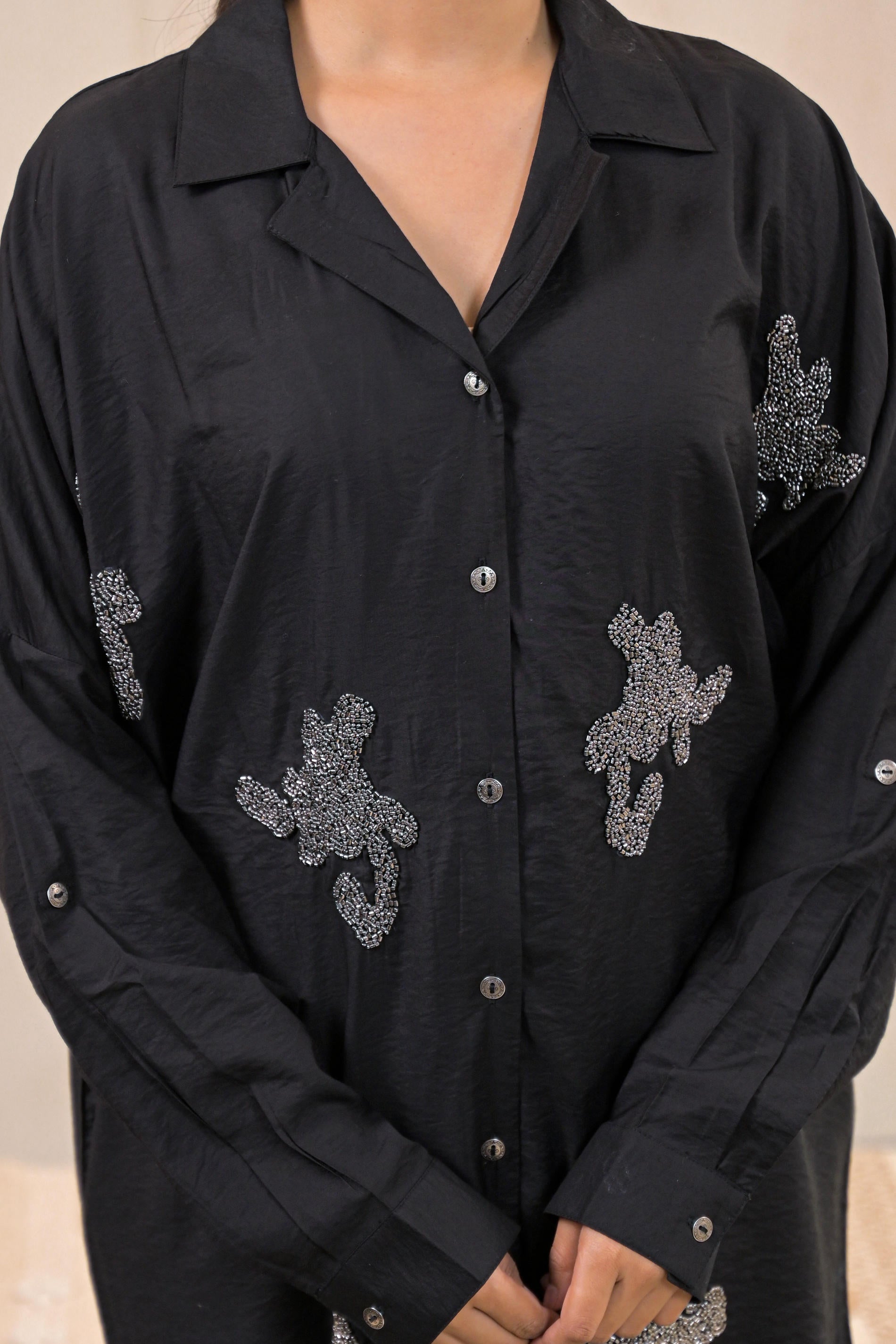 Black Solid Viscose Shirt with Beads Work - 3 | DesiQlo