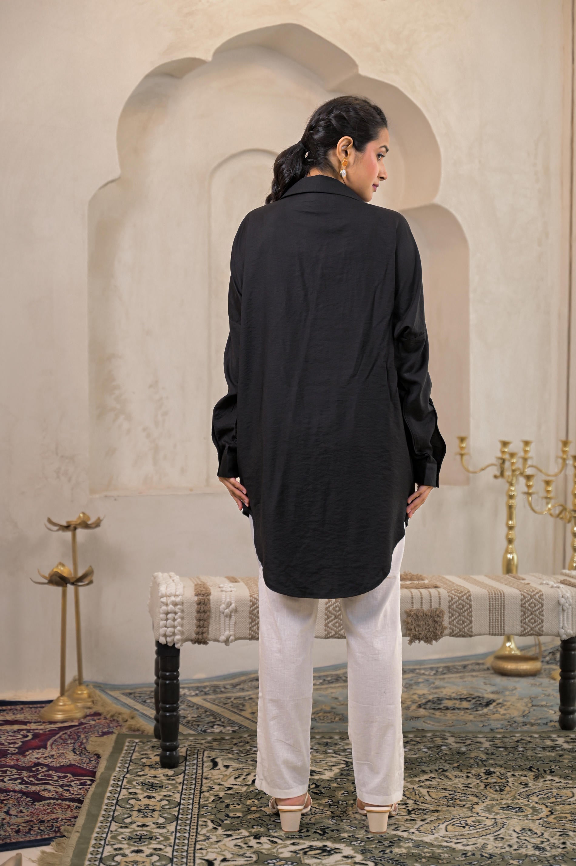 Black Solid Viscose Shirt with Beads Work - 3 | DesiQlo
