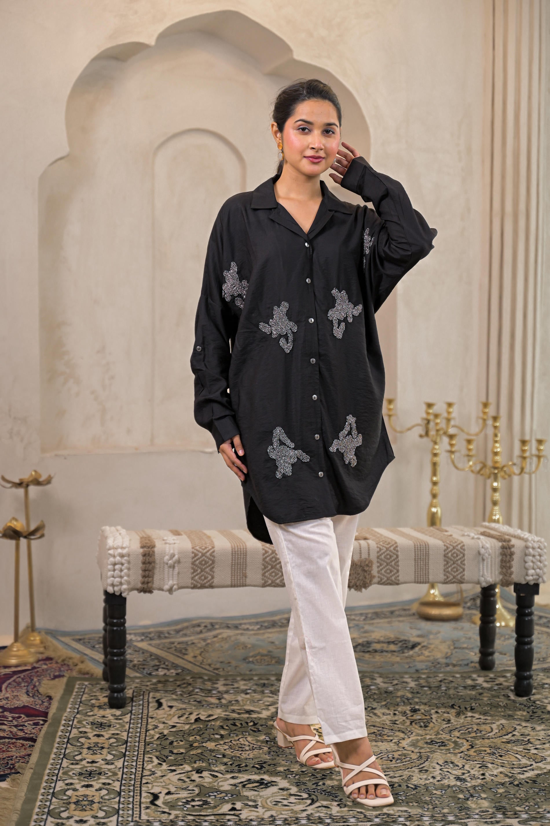 Black Solid Viscose Shirt with Beads Work - 3 | DesiQlo
