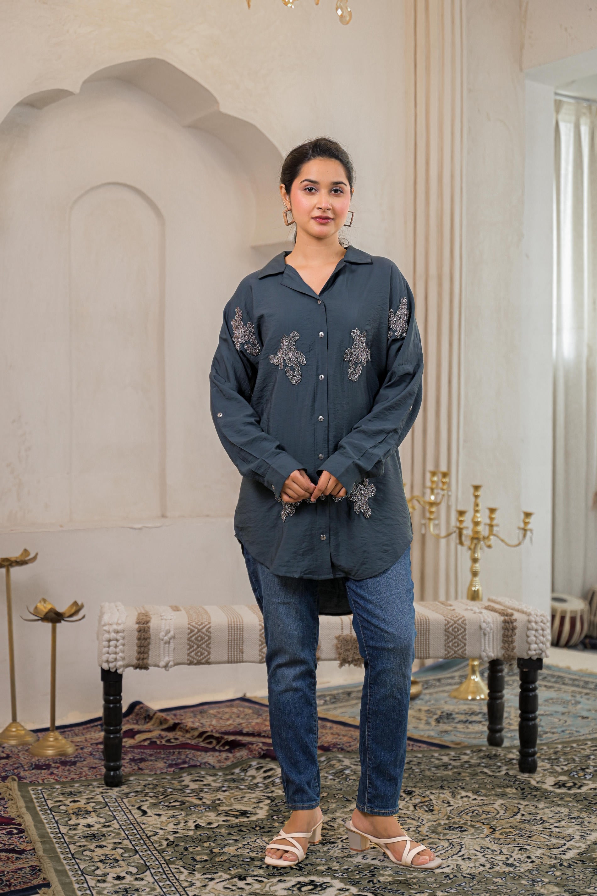 Grey Solid Viscose Shirt with Beads Work | DesiQlo